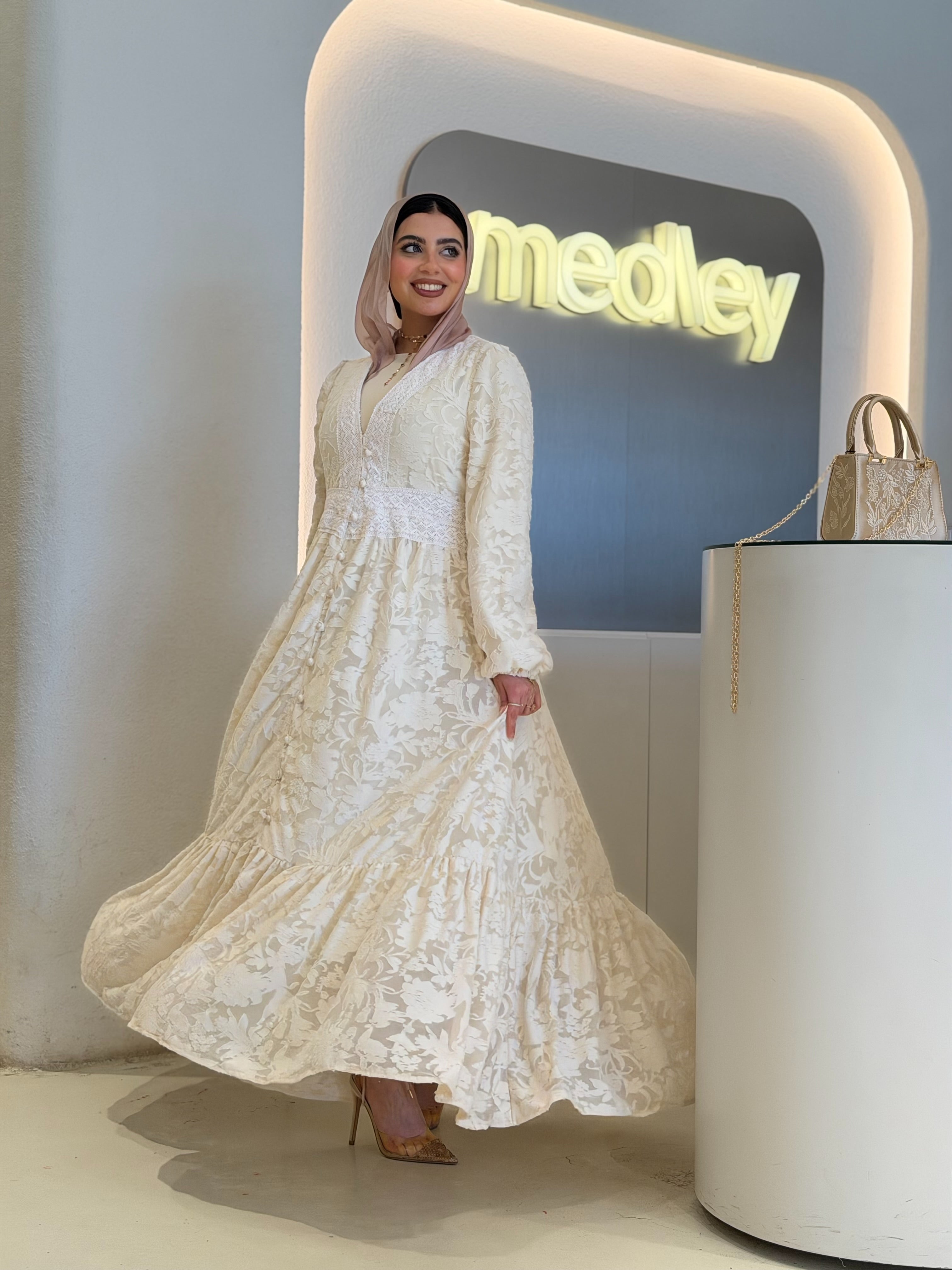 Vintage Bloom Dress (Light Beige)