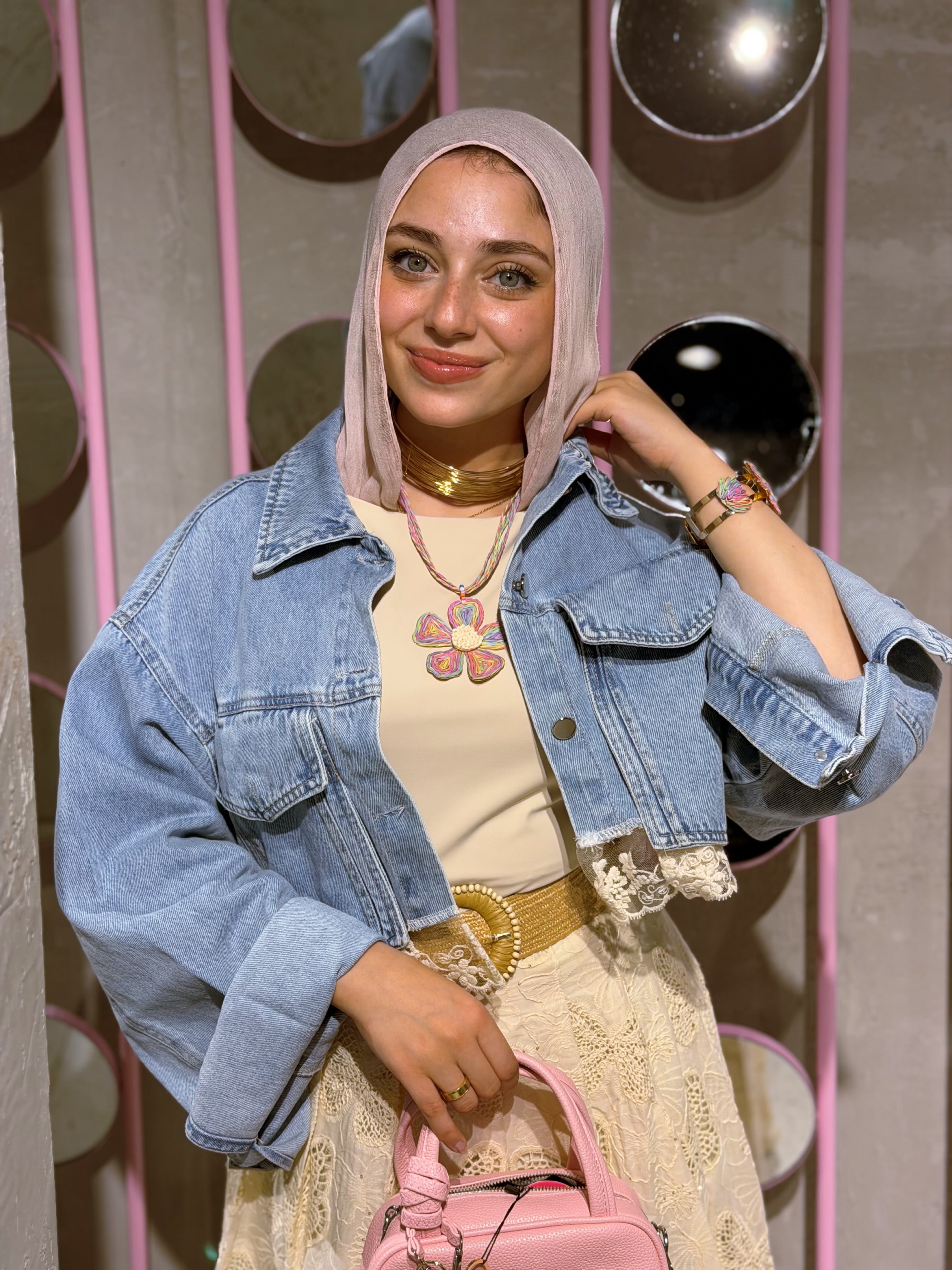 Cropped Denim lace trim jacket