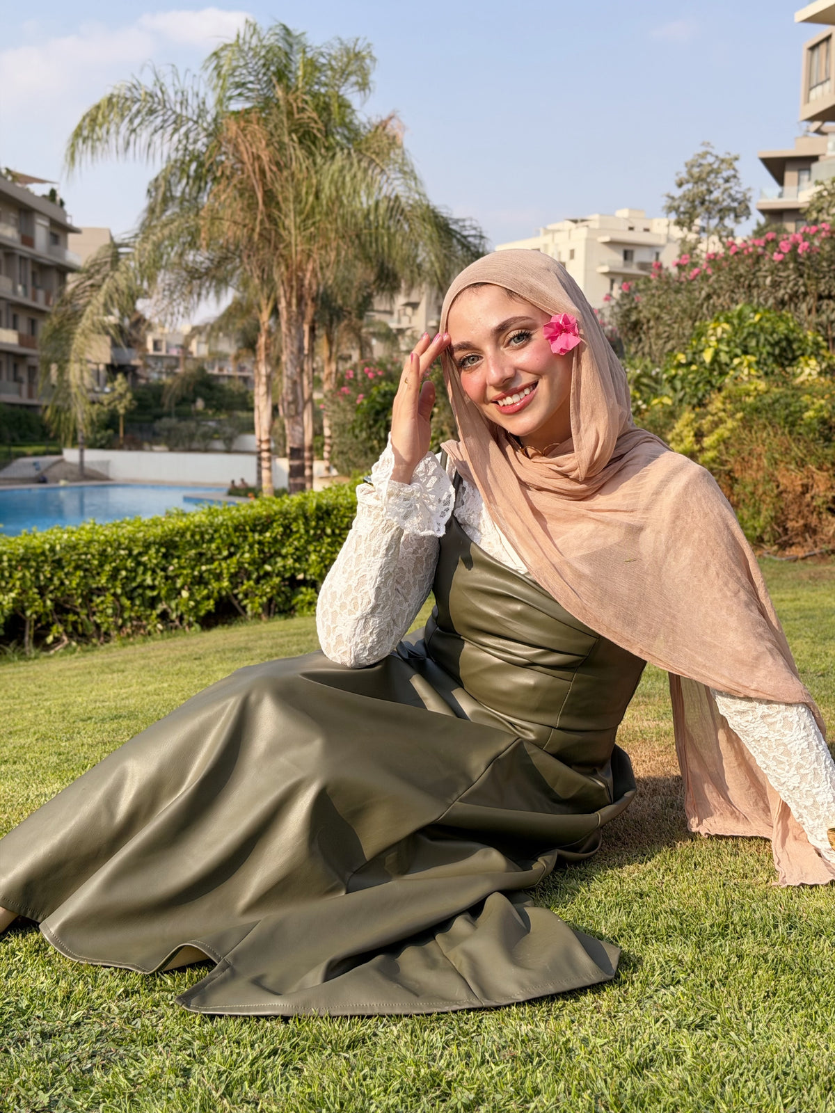 Olive Leather Midi Dress