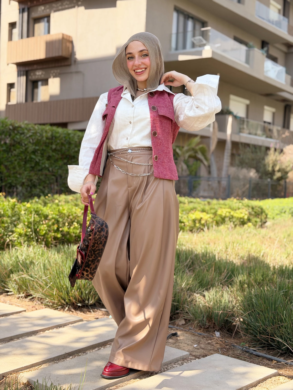 Wide Leg Leather Pants ( Caramel )