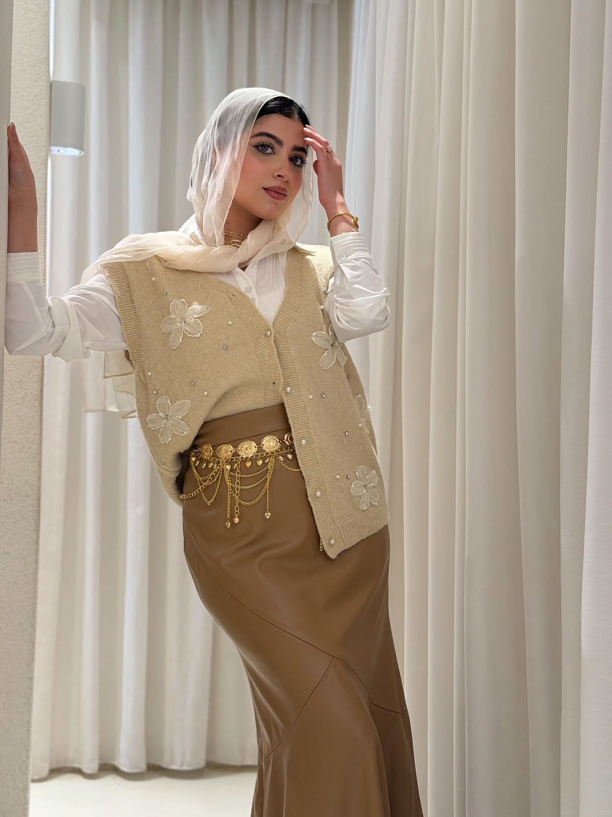 Mermaid Leather Midi Skirt ( Caramel )