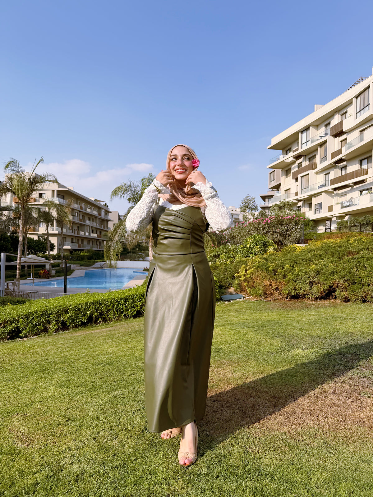 Olive Leather Midi Dress