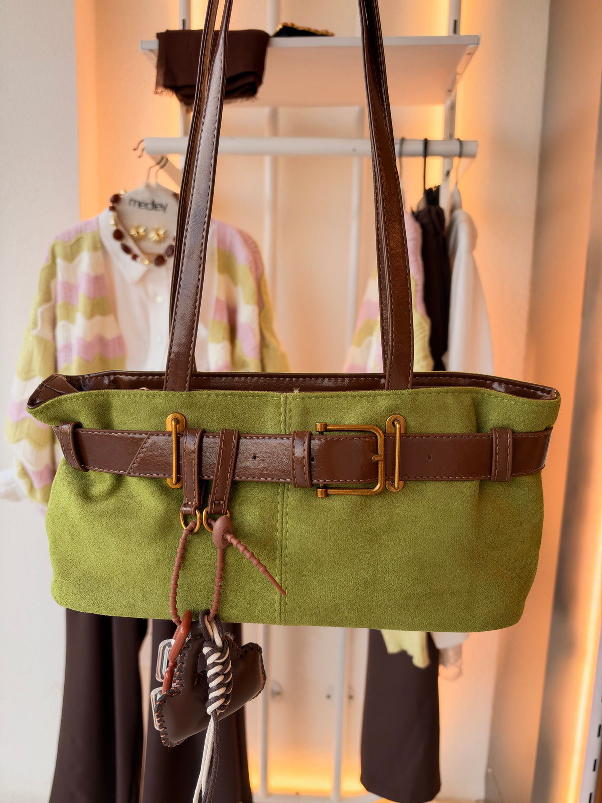 Olive green suede shoulder bag by Medley Fashion, photo 1