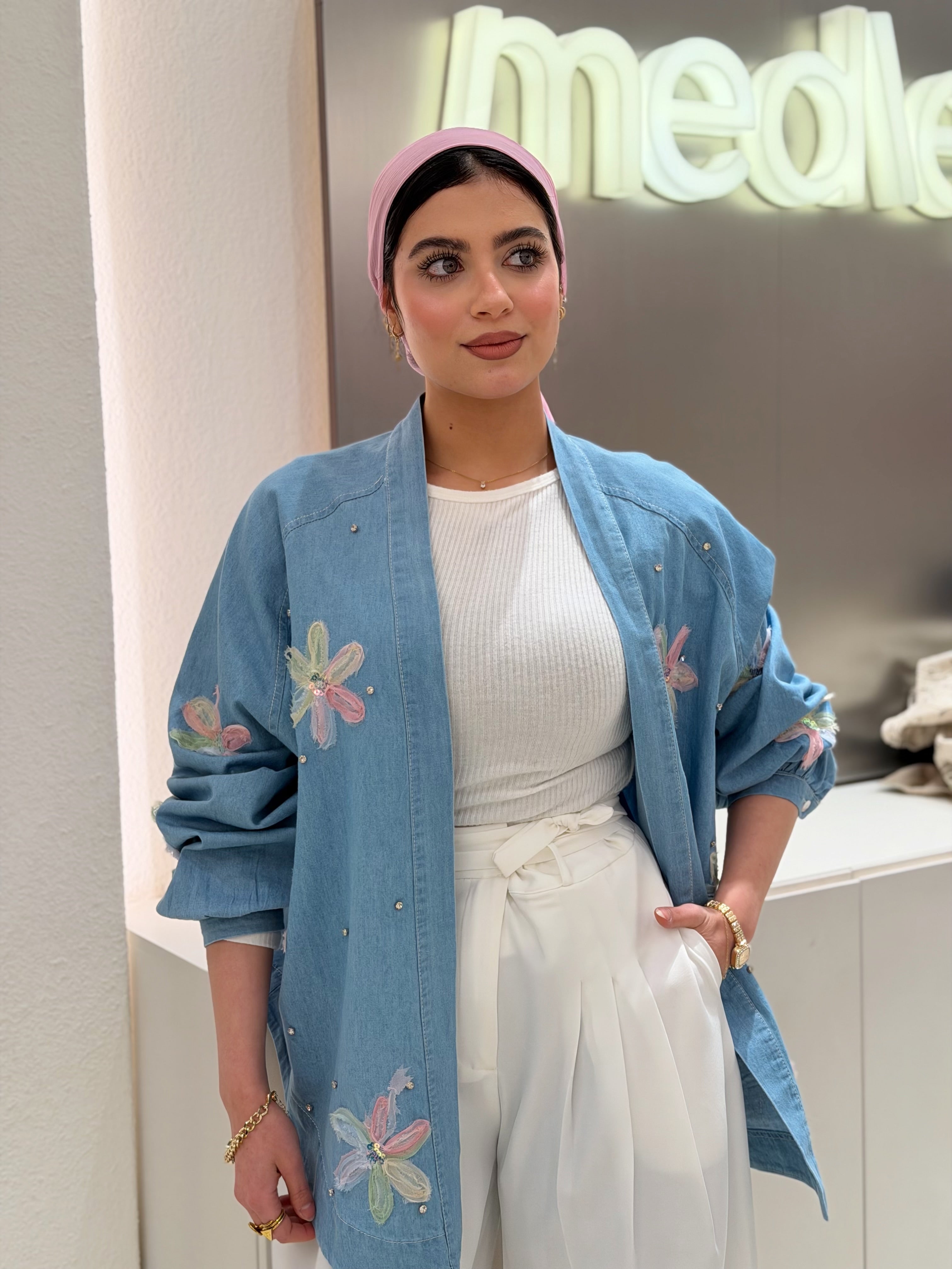 Floral & Crystal Denim Cardigan