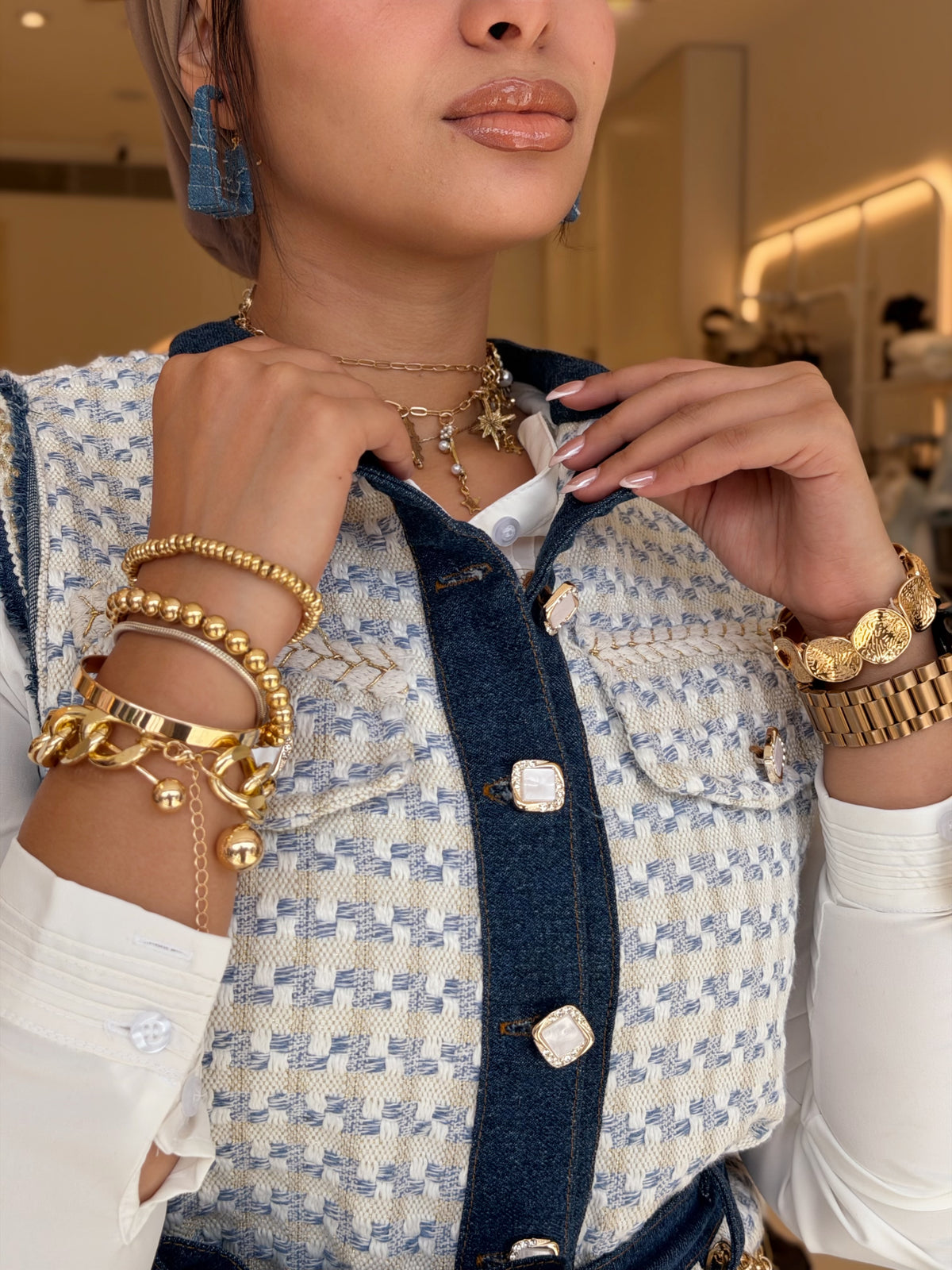 Tweed & Denim Belted Vest