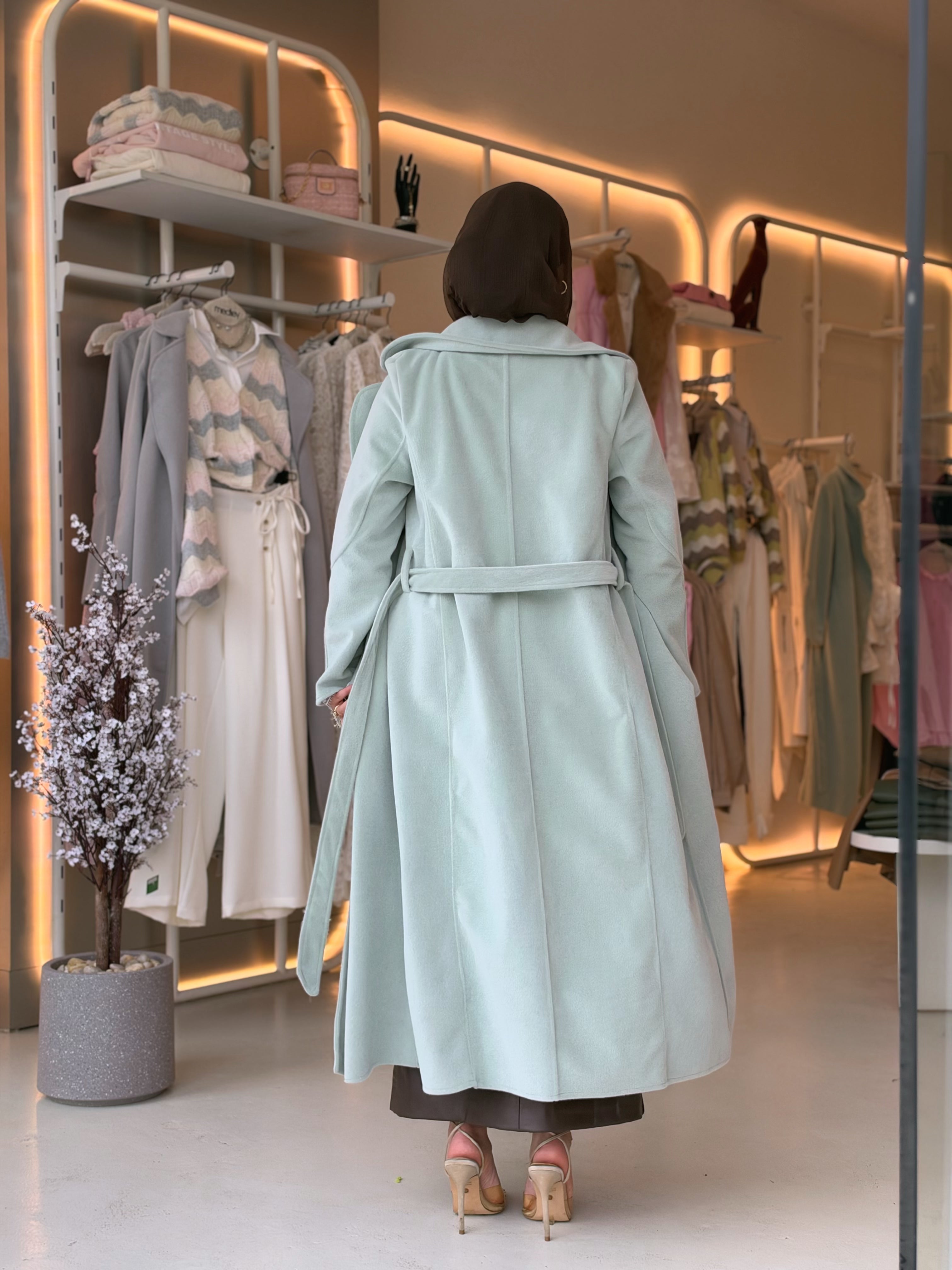 Elegant Wool Long Coat in dusty sage by Medley Fashion, back view