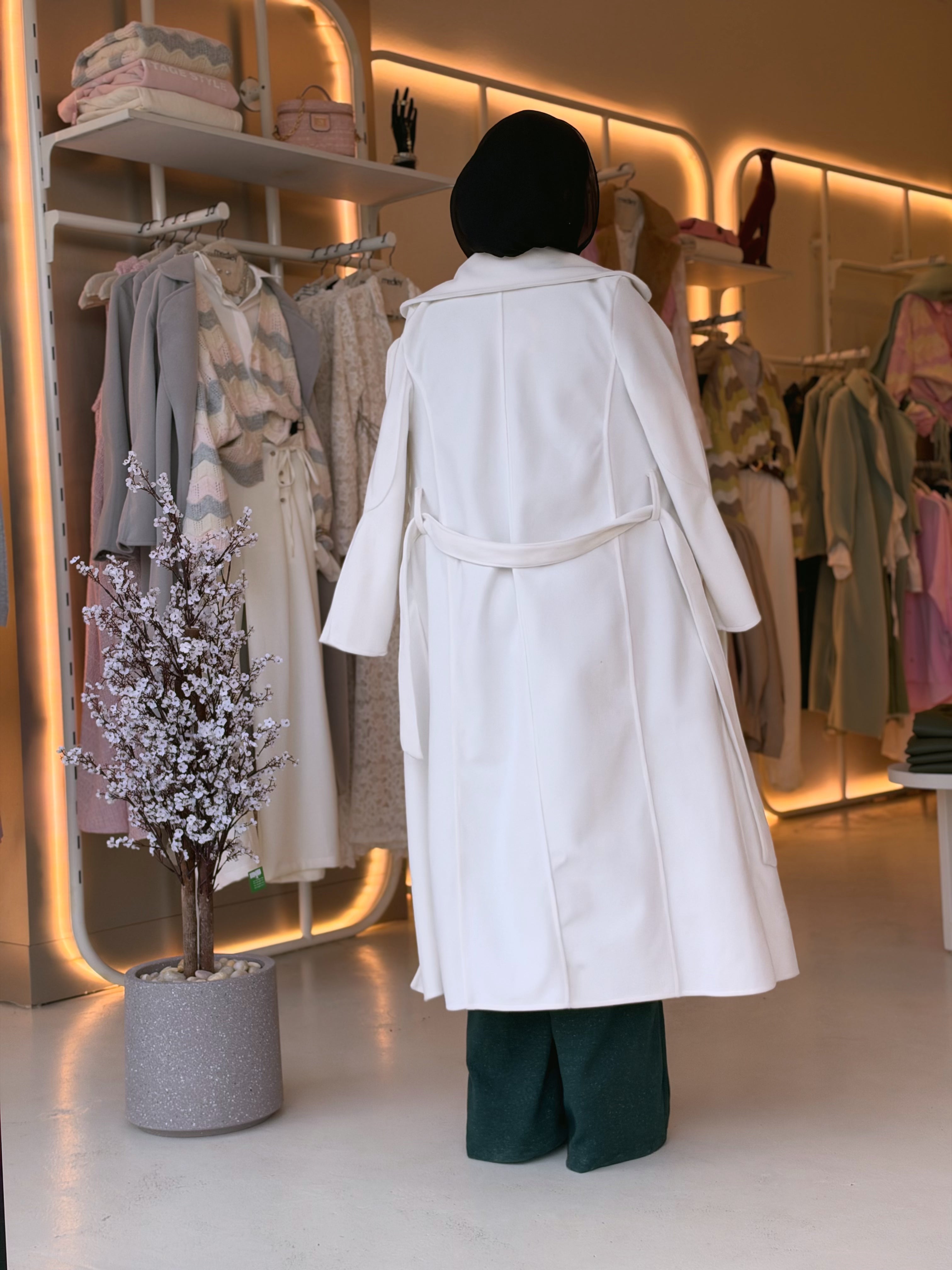 Elegant Wool Long Coat in winter white by Medley Fashion, back view