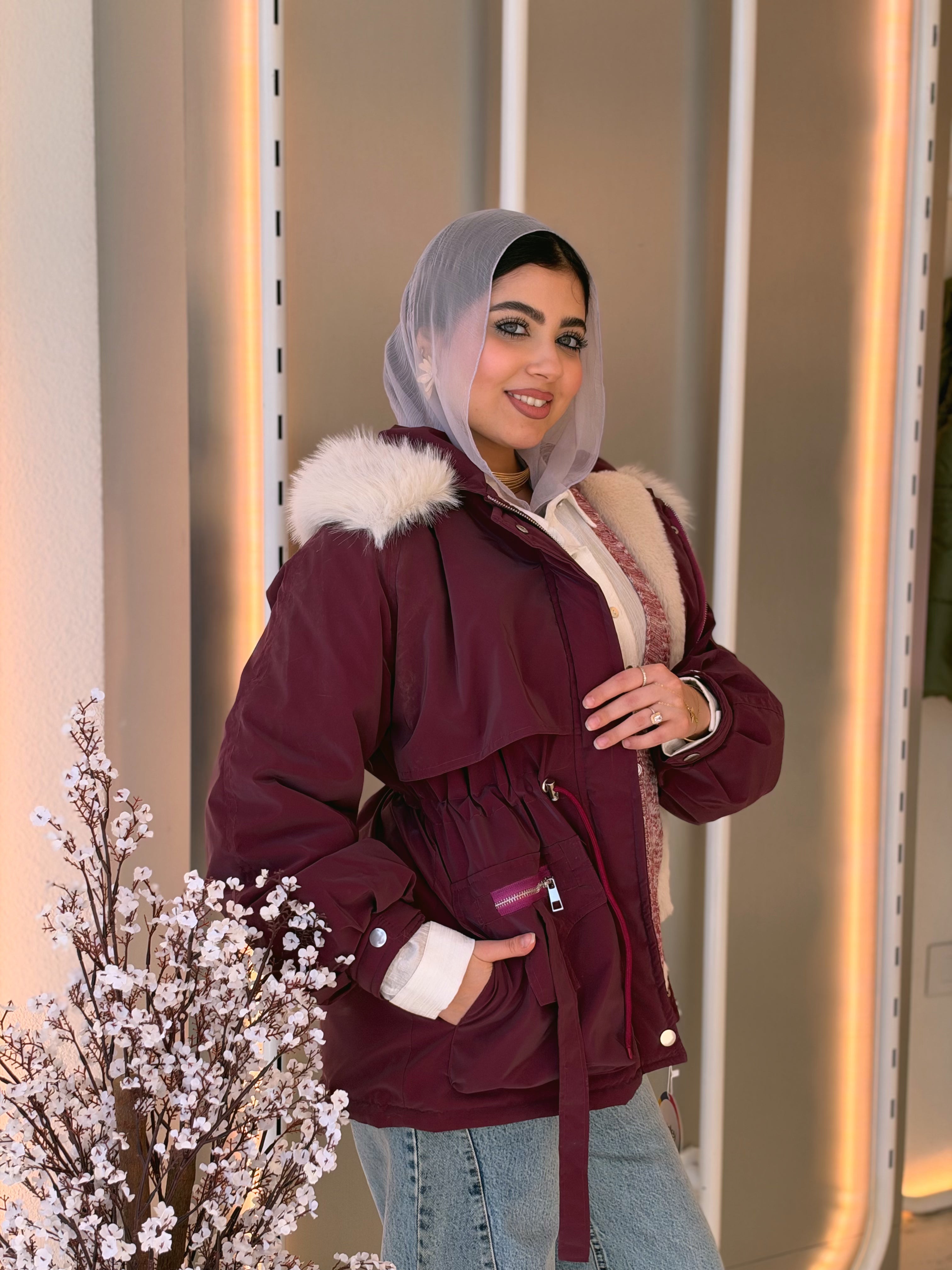 Fur-Hood Waterproof Puffer Jacket in burgundy by Medley Fashion, photo 4