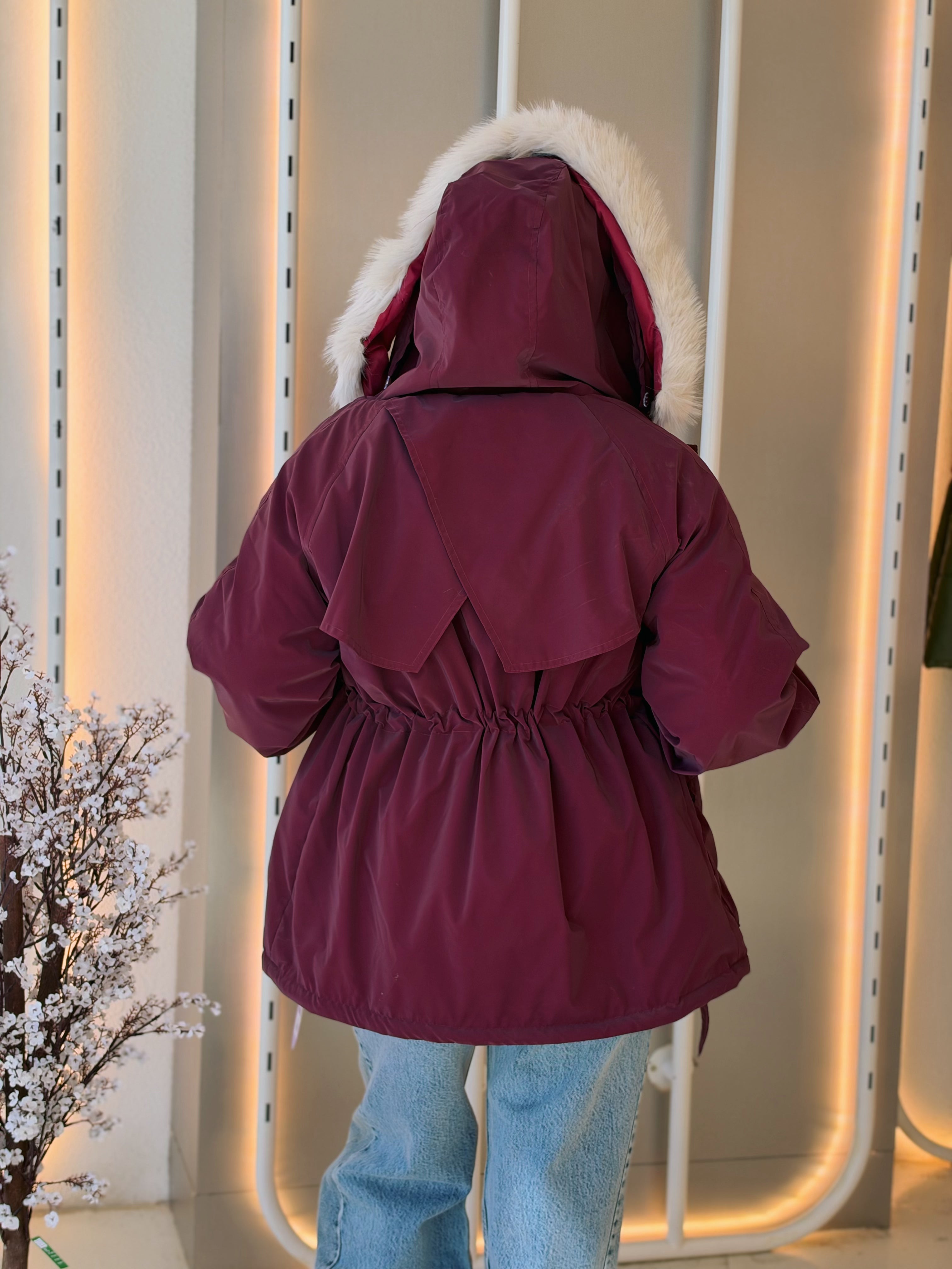 Fur-Hood Waterproof Puffer Jacket in burgundy by Medley Fashion, photo 3