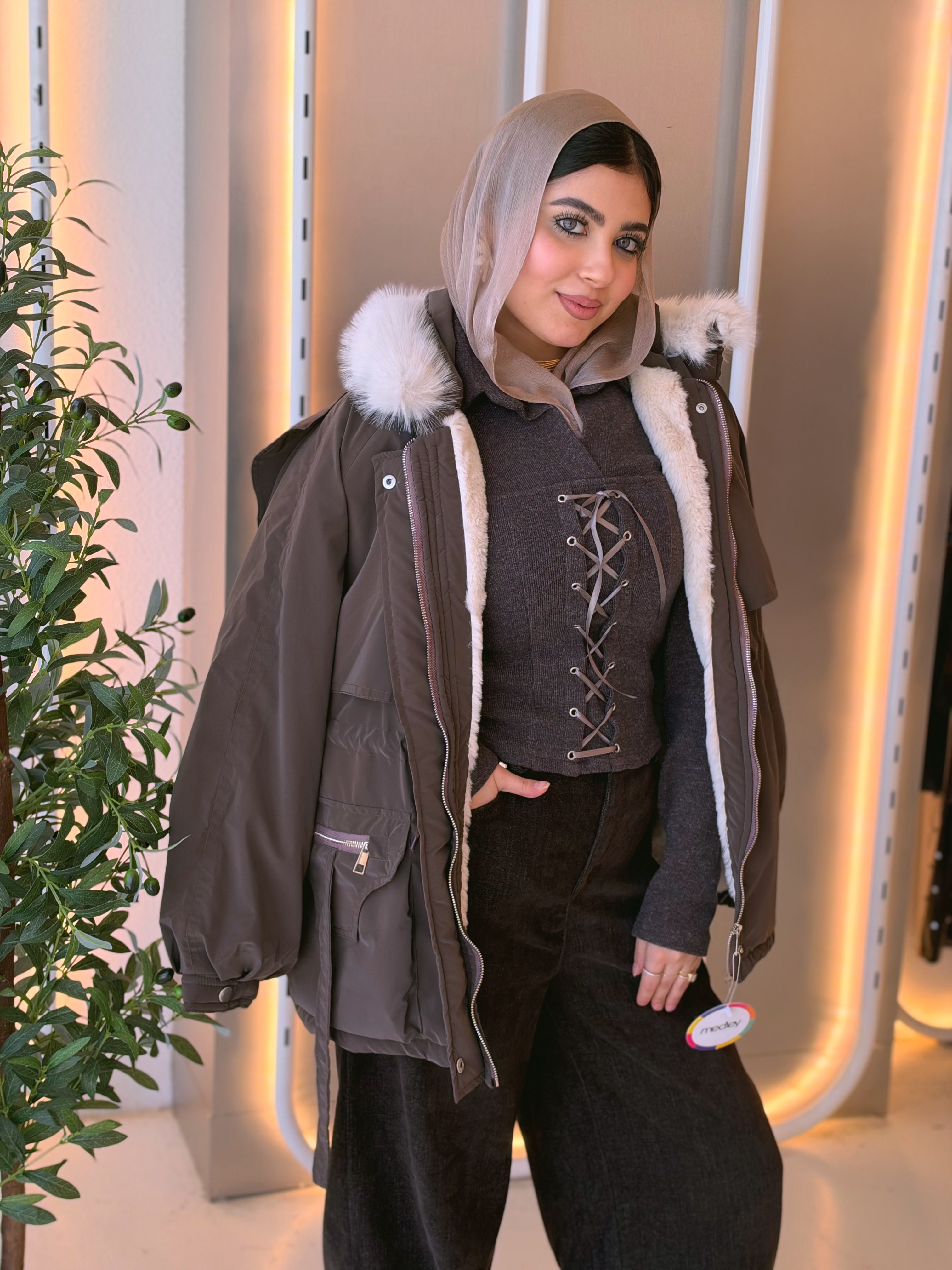 Fur-Hood Waterproof Puffer Jacket in smoked brown by Medley Fashion, photo 6
