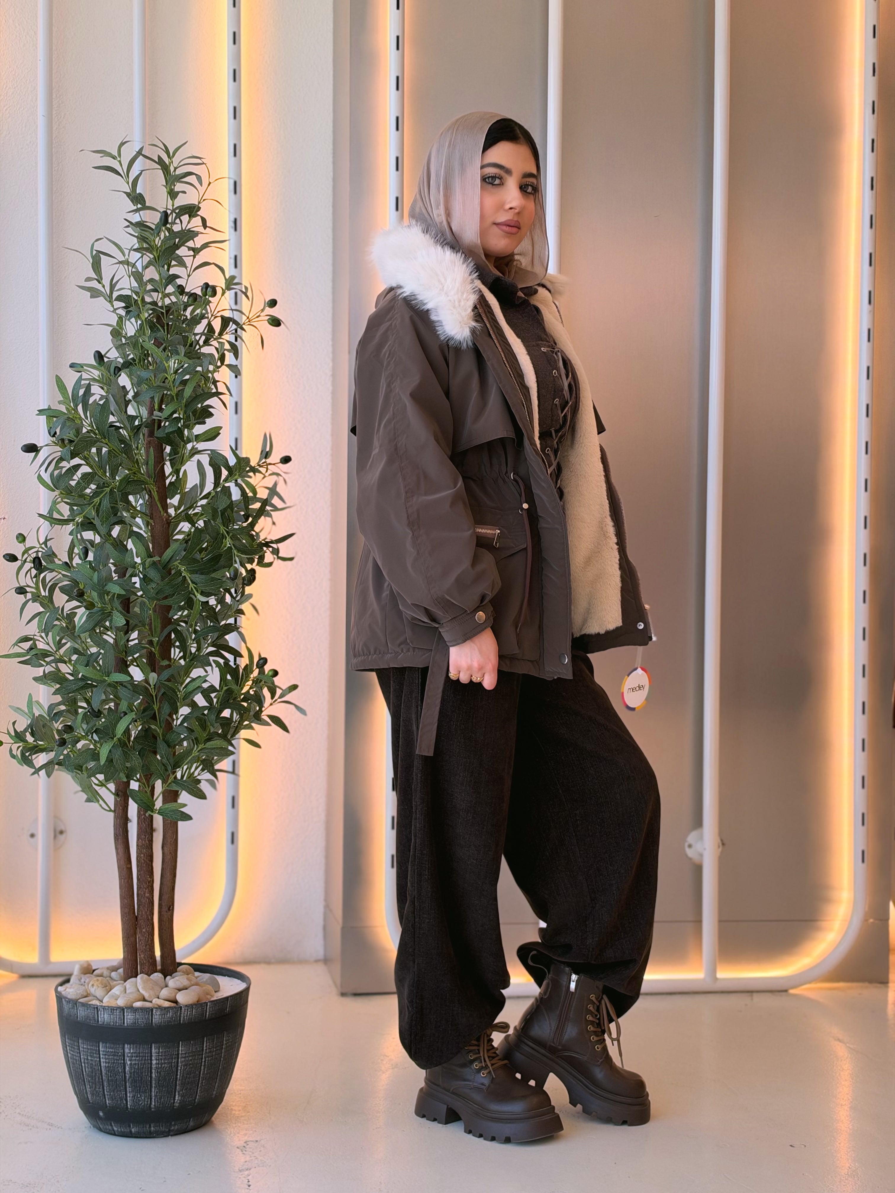 Fur-Hood Waterproof Puffer Jacket in smoked brown by Medley Fashion, photo 3