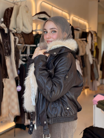 Fur-Collar Leather Bomber Jacket