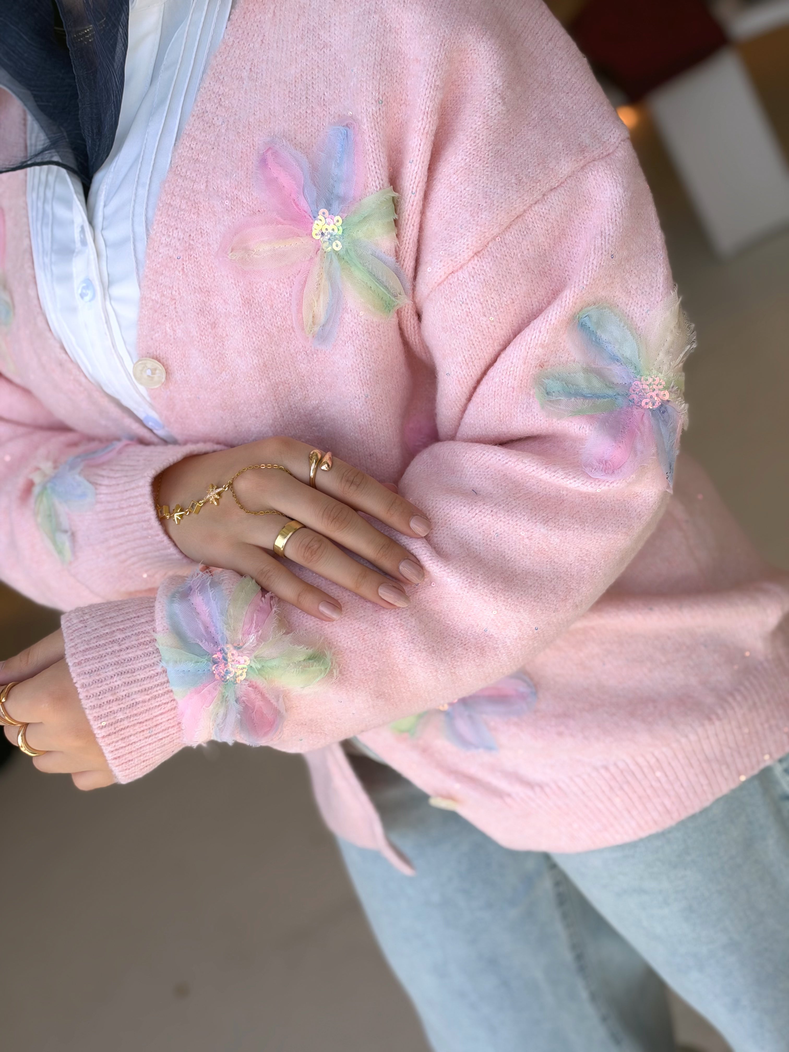 Glitter Bloom Mohair Cardigan in petal pink by Medley Fashion, photo 1