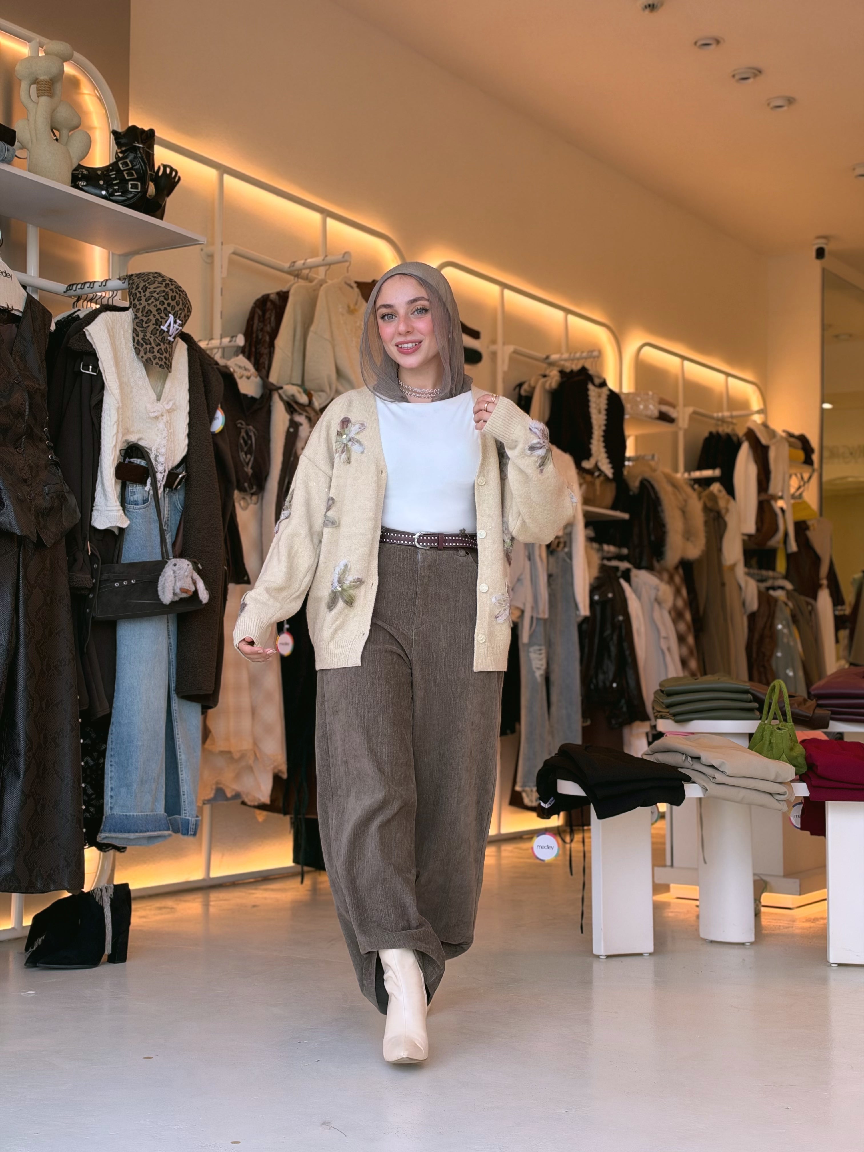 Glitter Bloom Mohair Cardigan in sand beige by Medley Fashion, full look 2