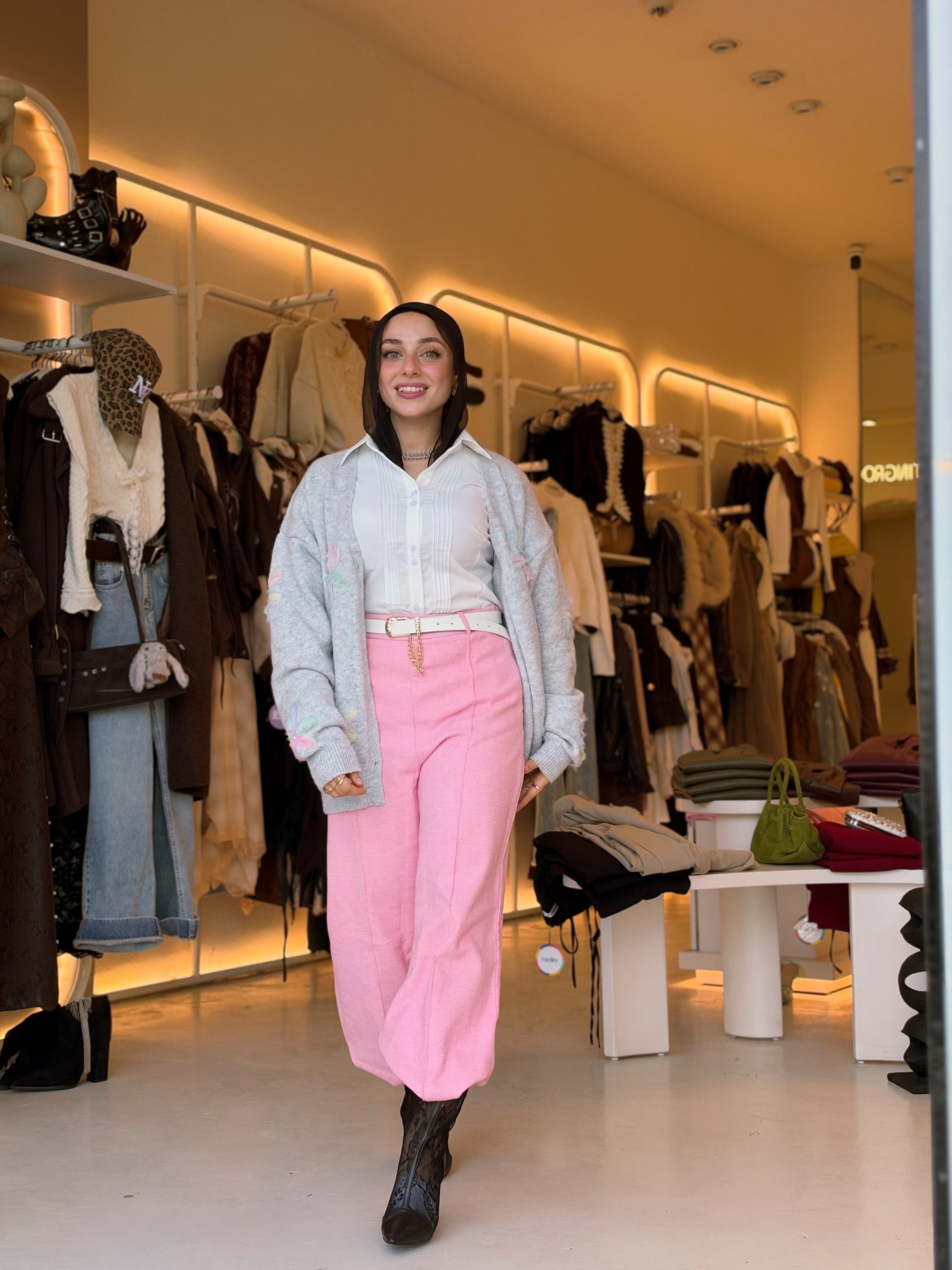 Glitter Bloom Mohair Cardigan in silver grey with Luna wide leg pant in pink by Medley Fashion