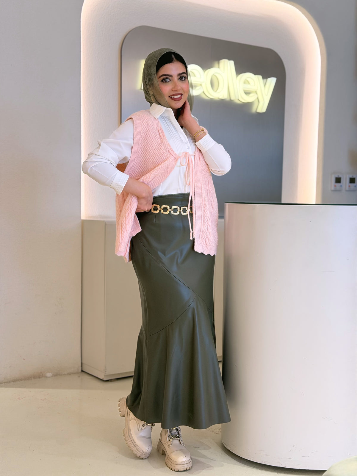 Mermaid Leather Midi Skirt ( Olive )