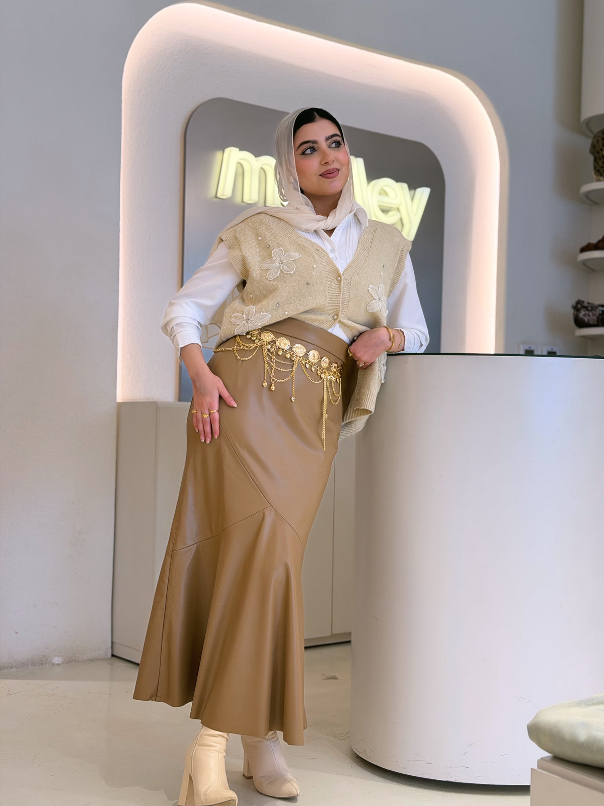 Mermaid Leather Midi Skirt ( Caramel )
