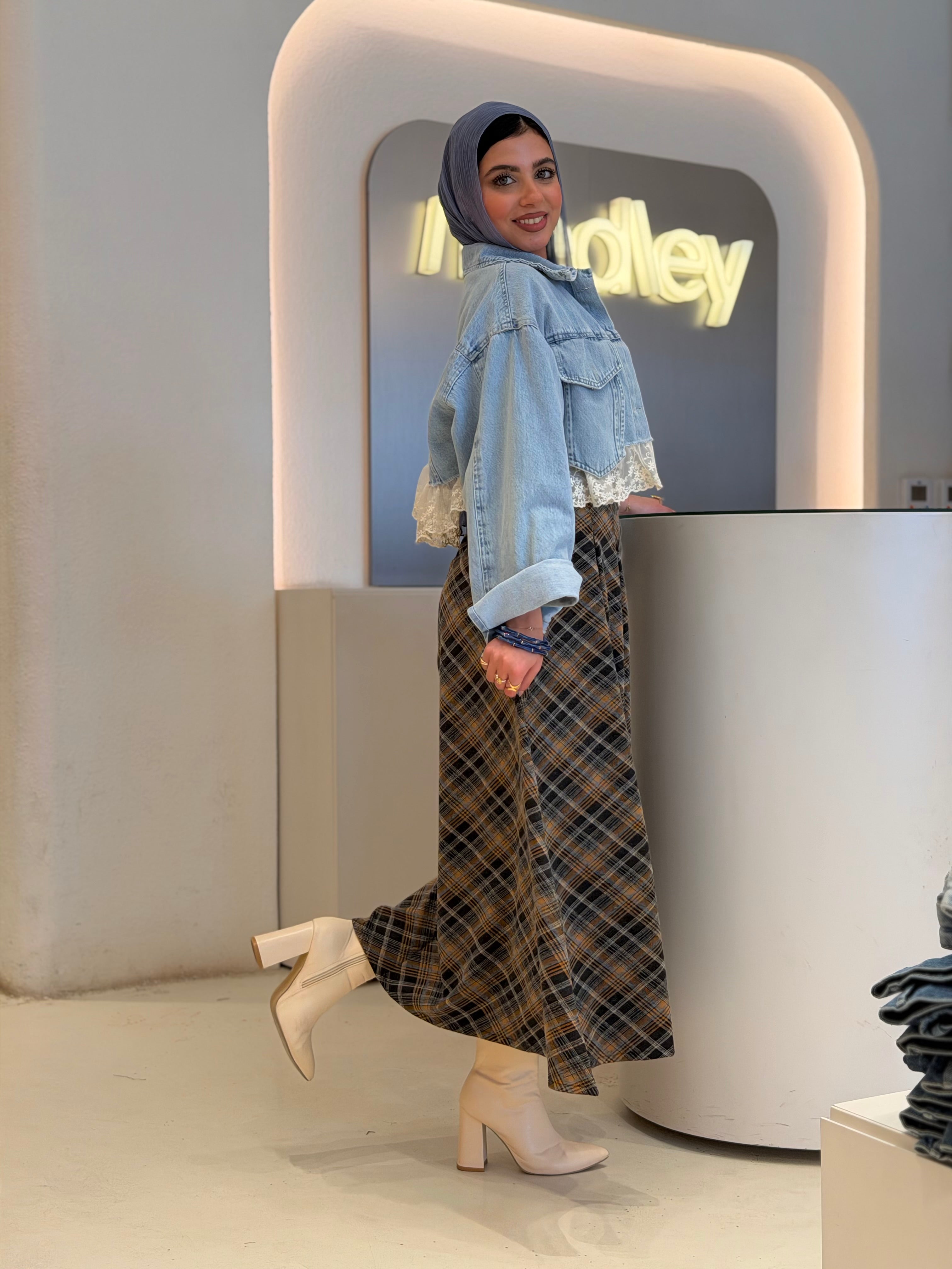 Vintage Plaid Midi Skirt ( honey comb )