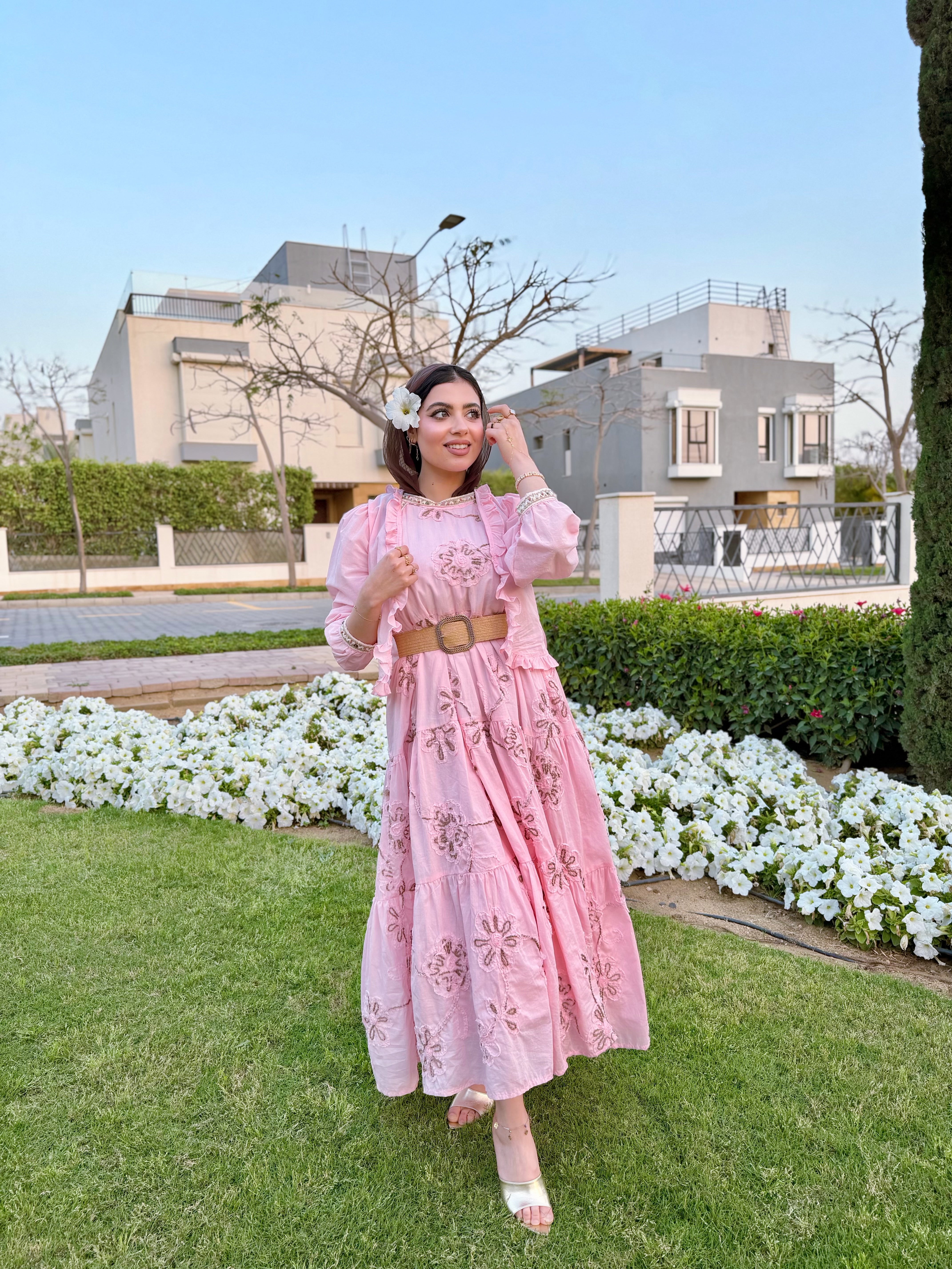 Embroidered golden glow Pink Dress