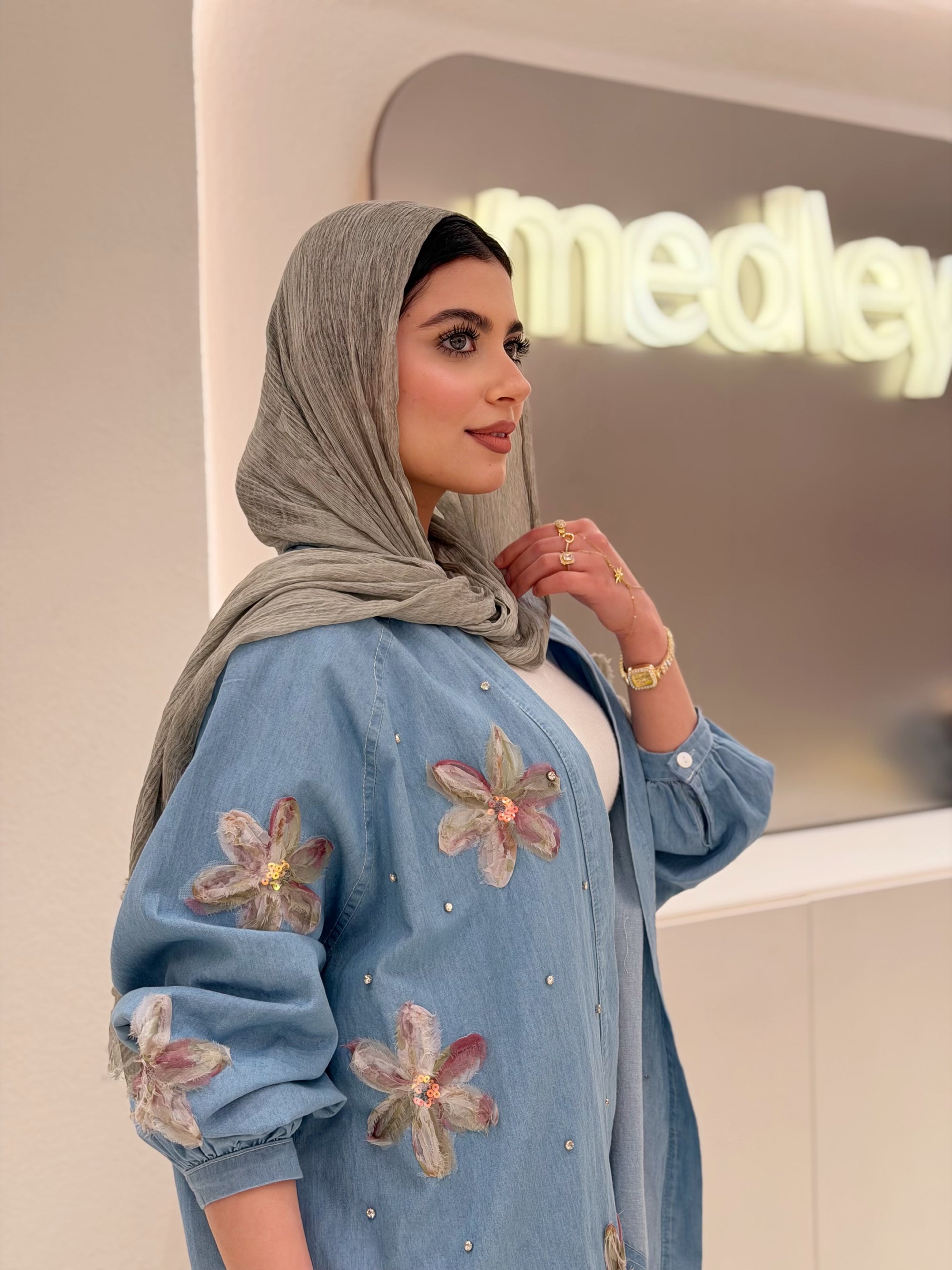 Floral & Crystal Denim Cardigan