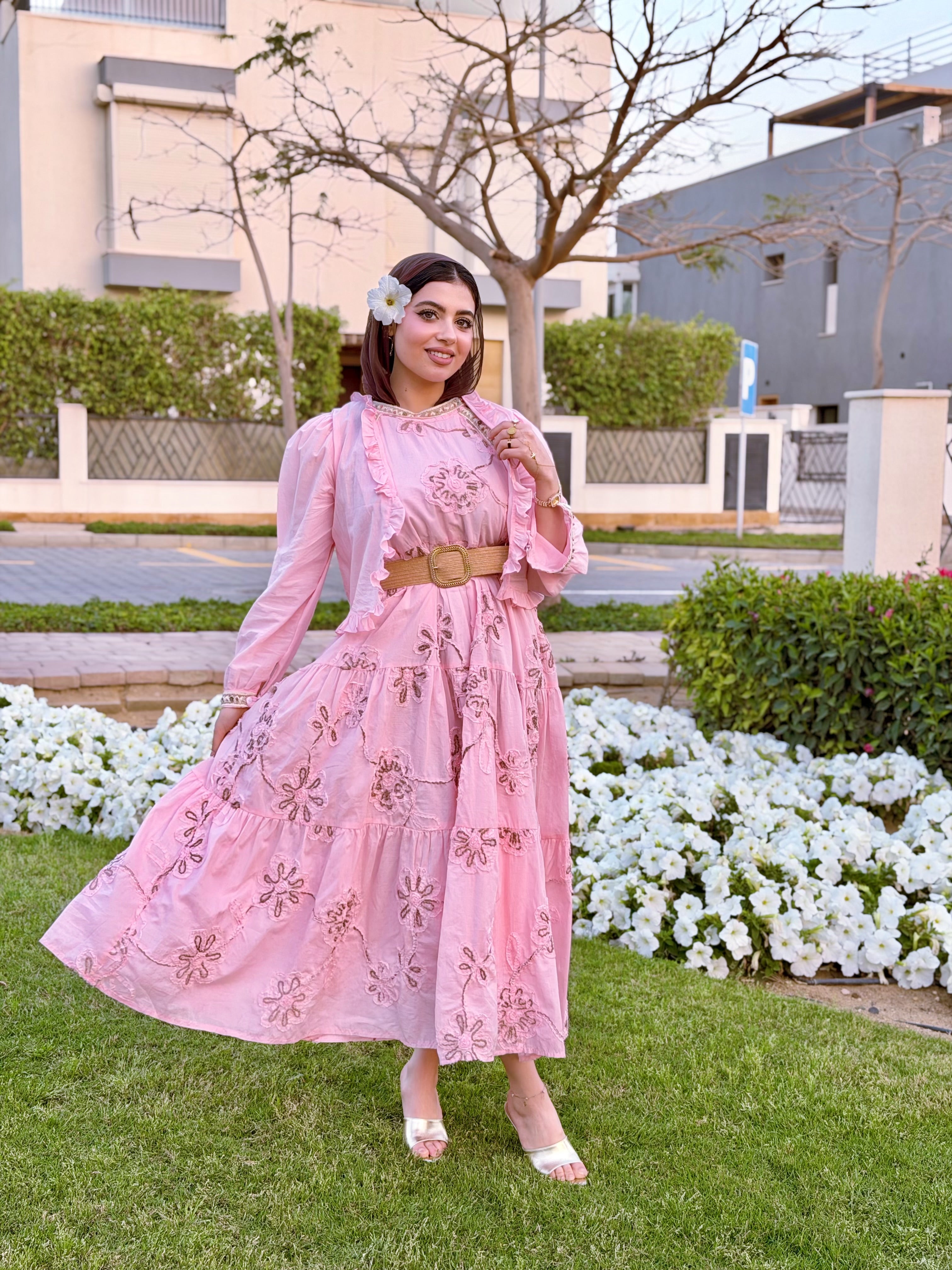 Embroidered golden glow Pink Dress