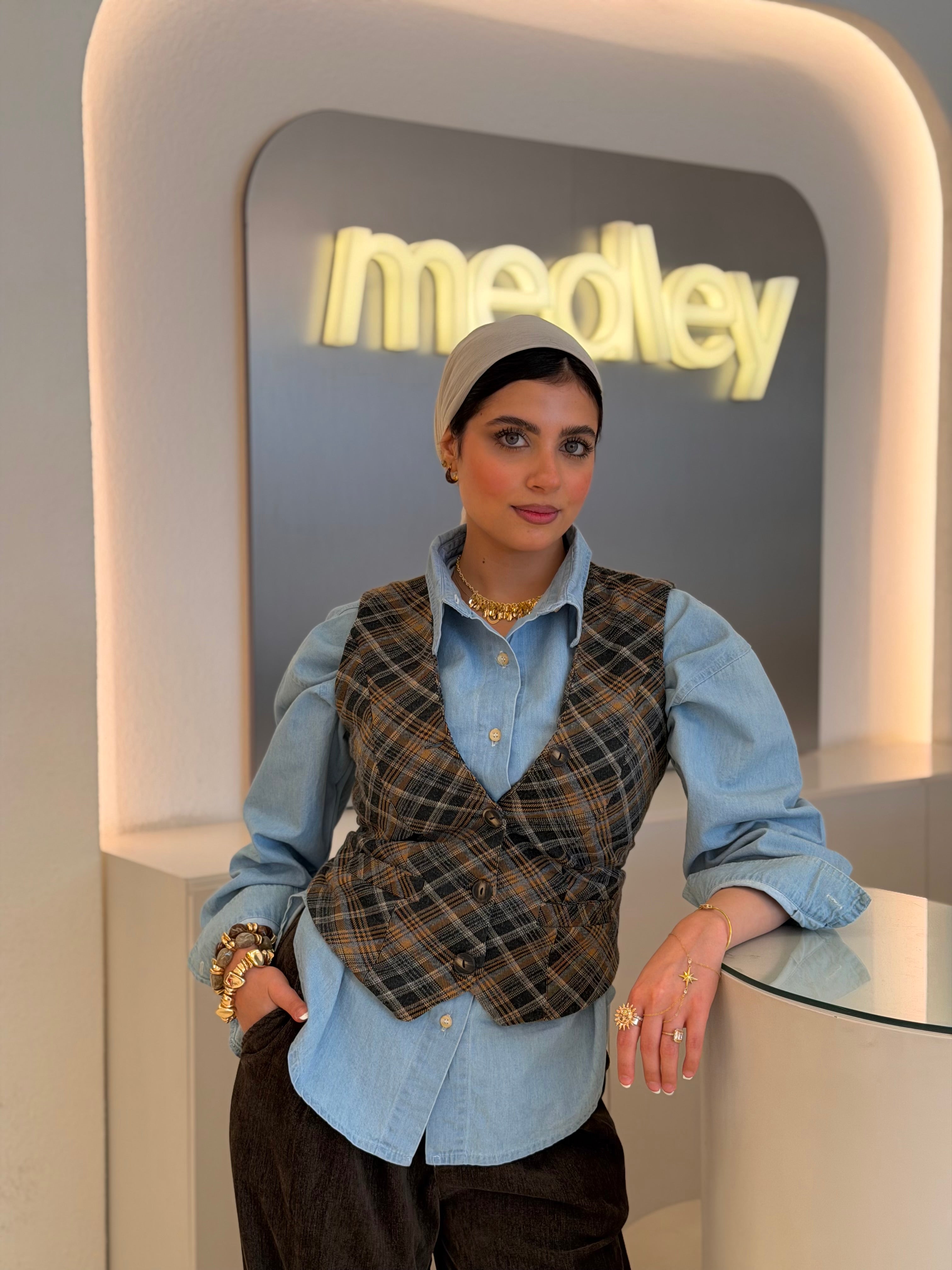 Vintage plaid vest ( honey comb )