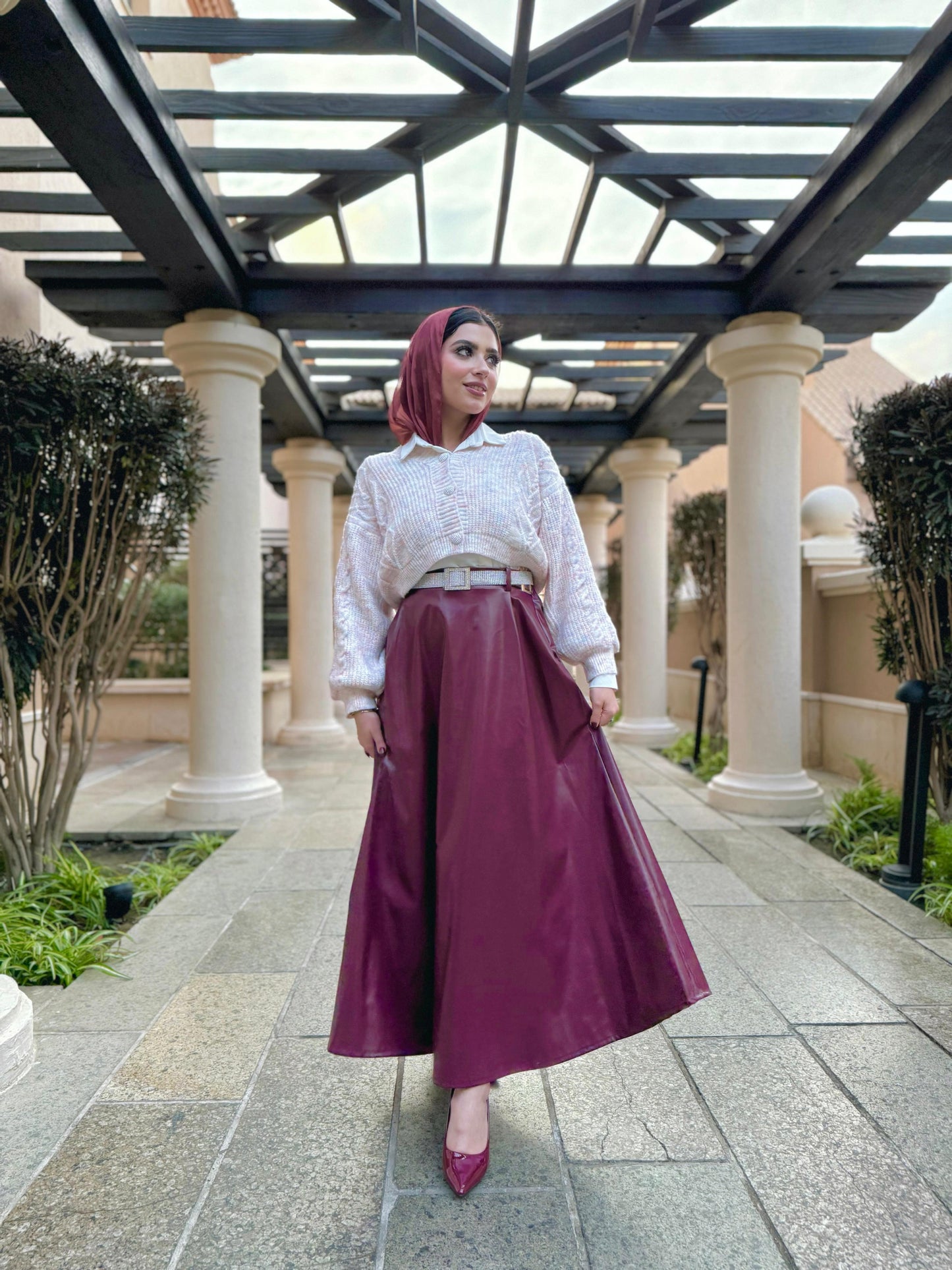 Burgundy flare leather skirt