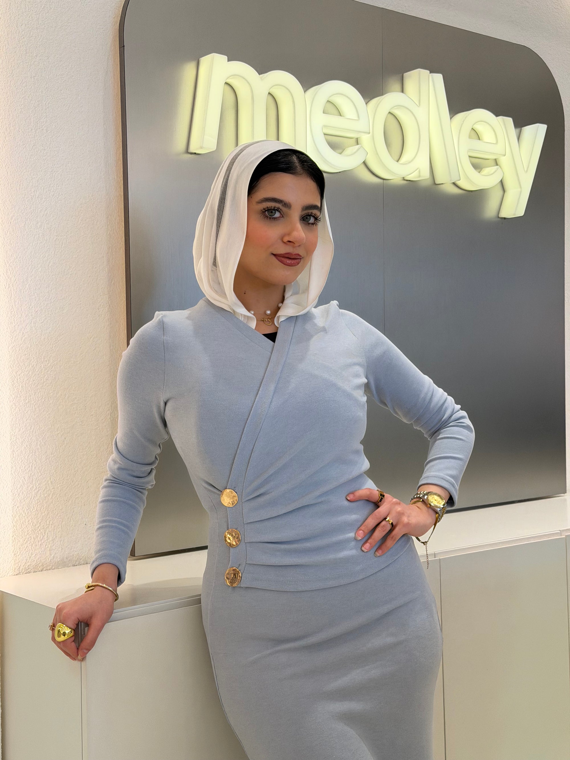 Golden buttons slim fit dress ( Cinderella Blue )