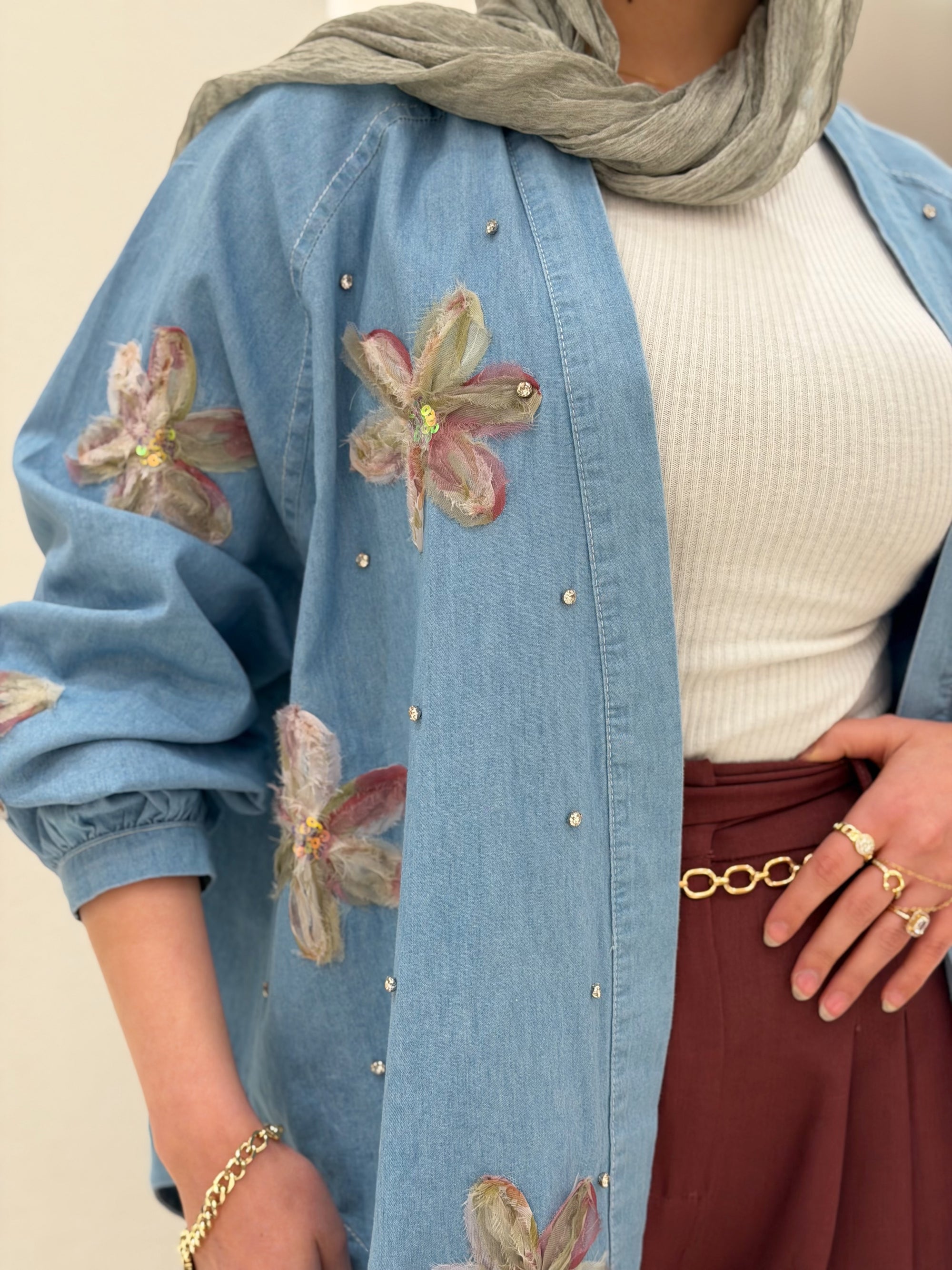 Floral & Crystal Denim Cardigan