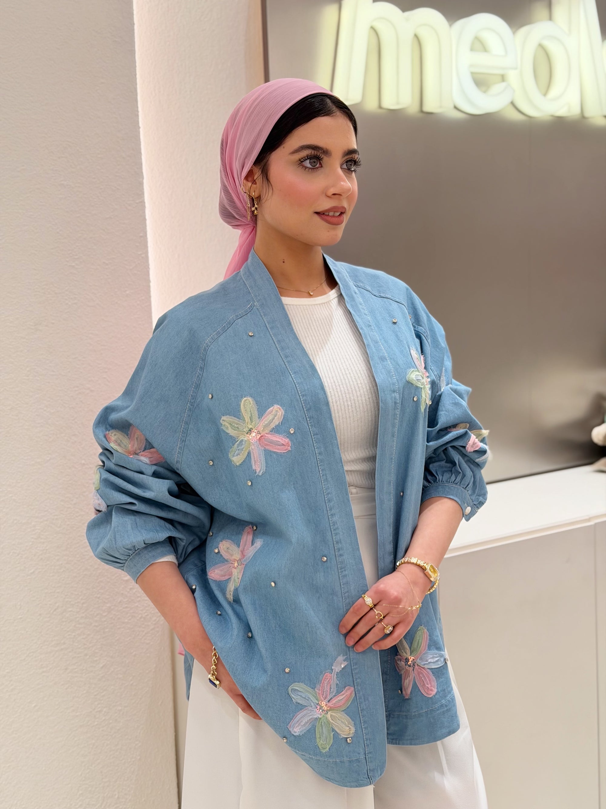 Floral & Crystal Denim Cardigan