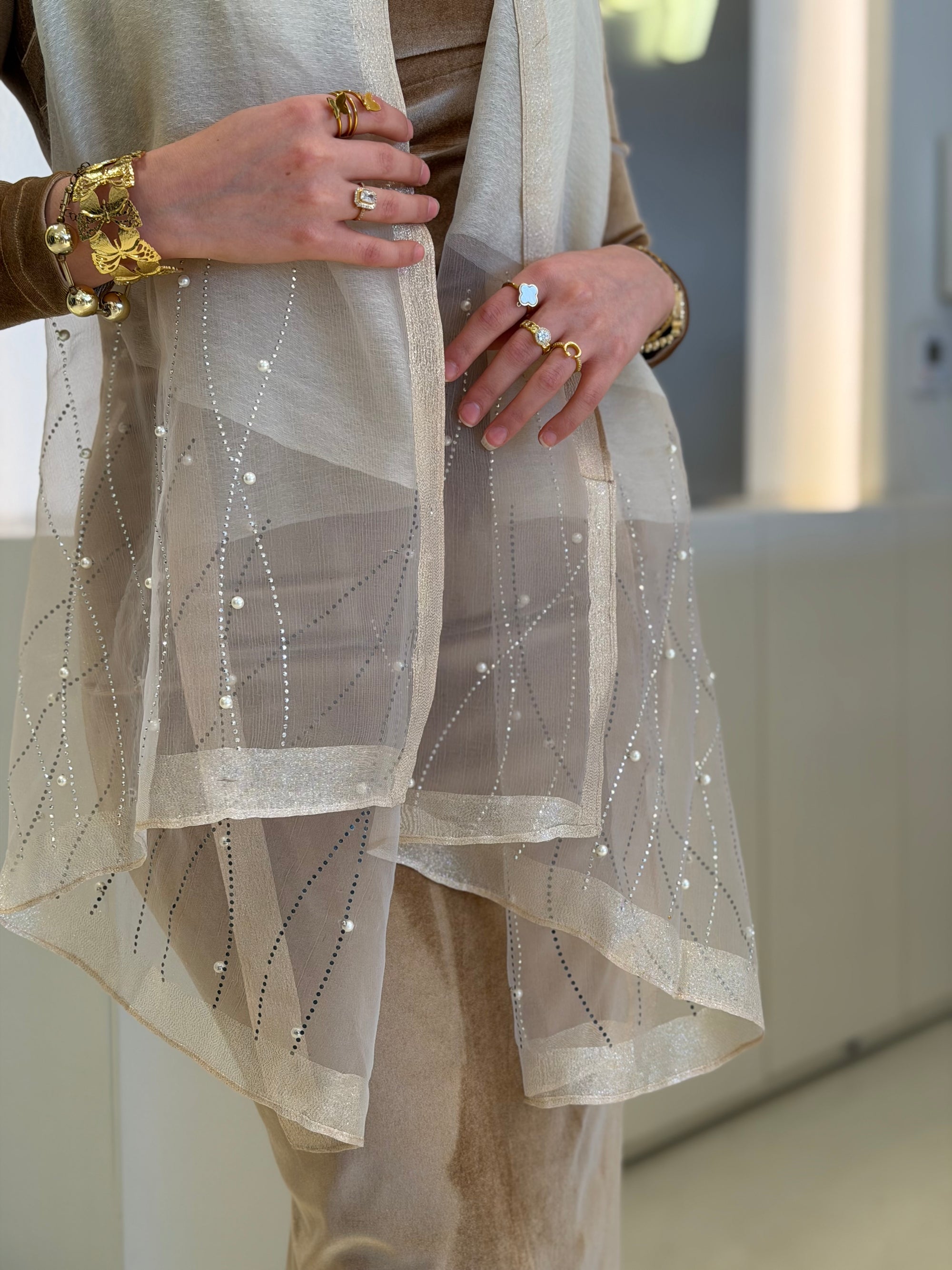 Crystals Pearls Cashmere Scarf