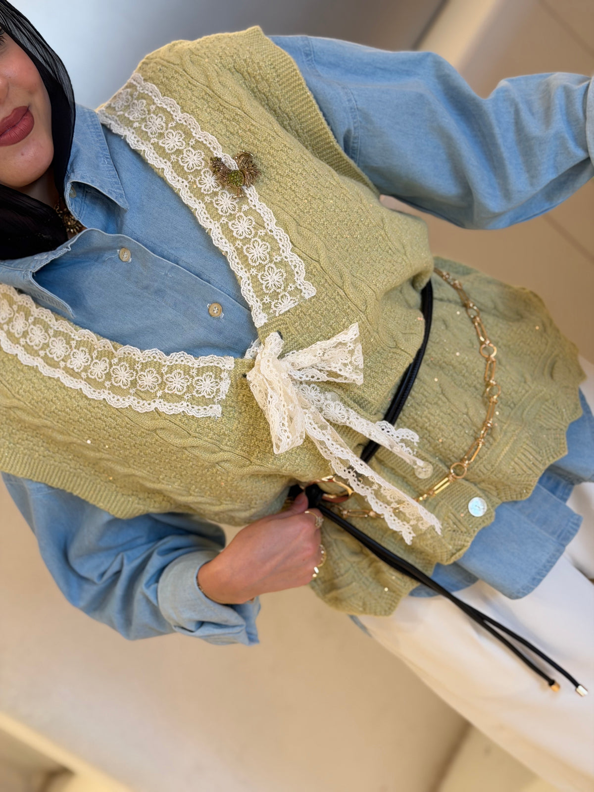 Fluffy Mohair Lace Vest ( Pistachio Cream )