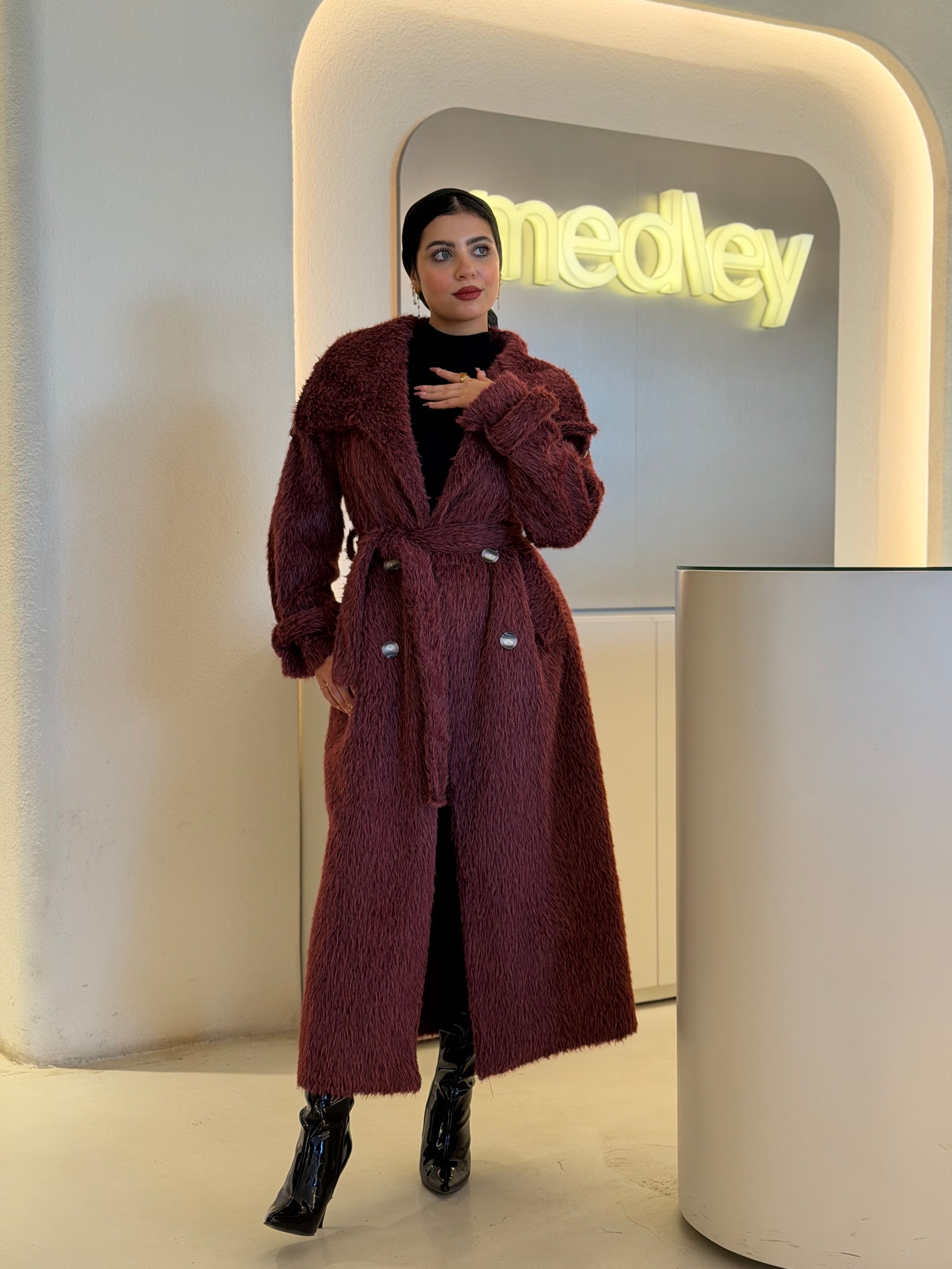 Luxe Fluff Fur Coat ( burgundy)