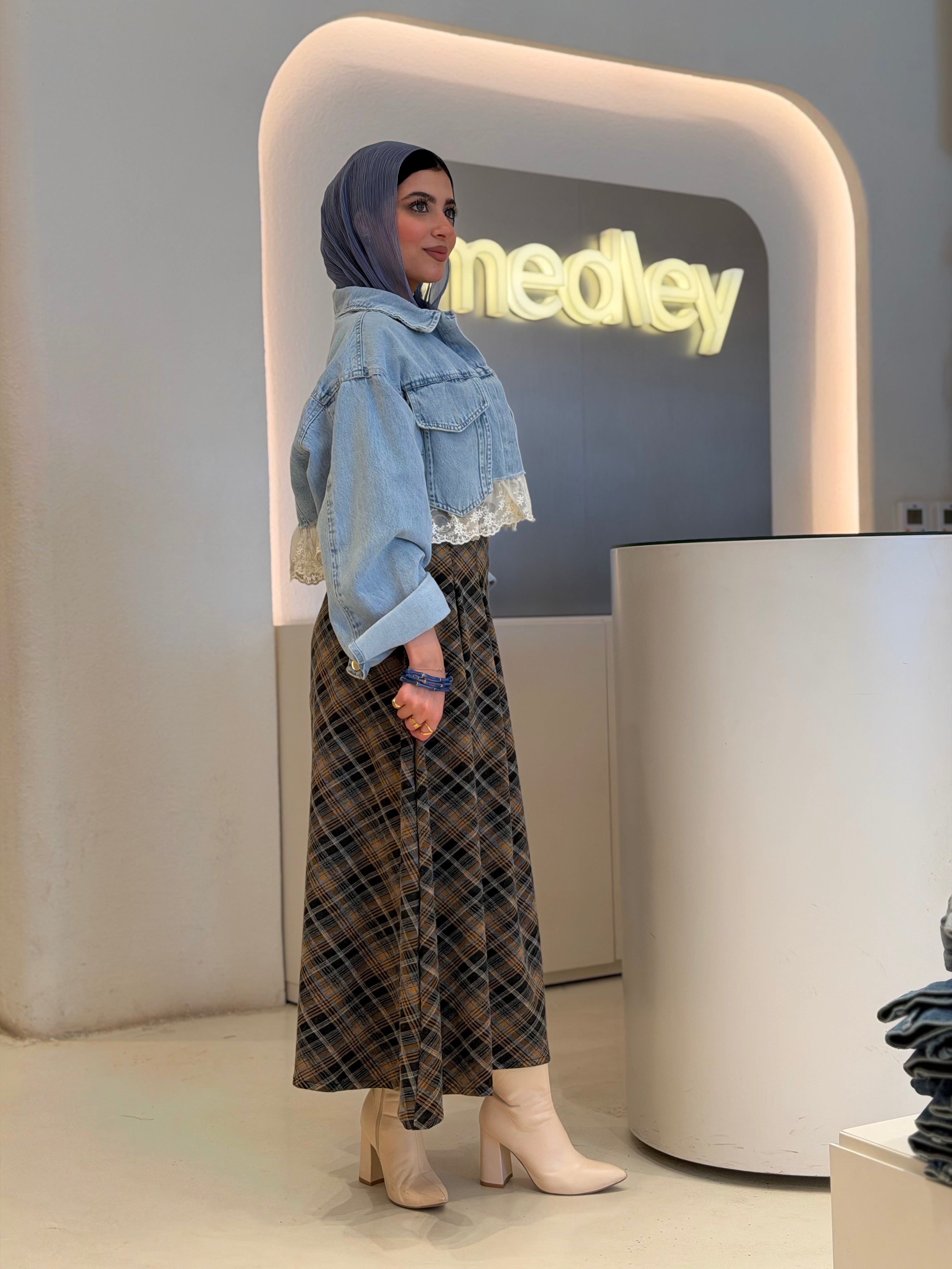 Vintage Plaid Midi Skirt ( honey comb )
