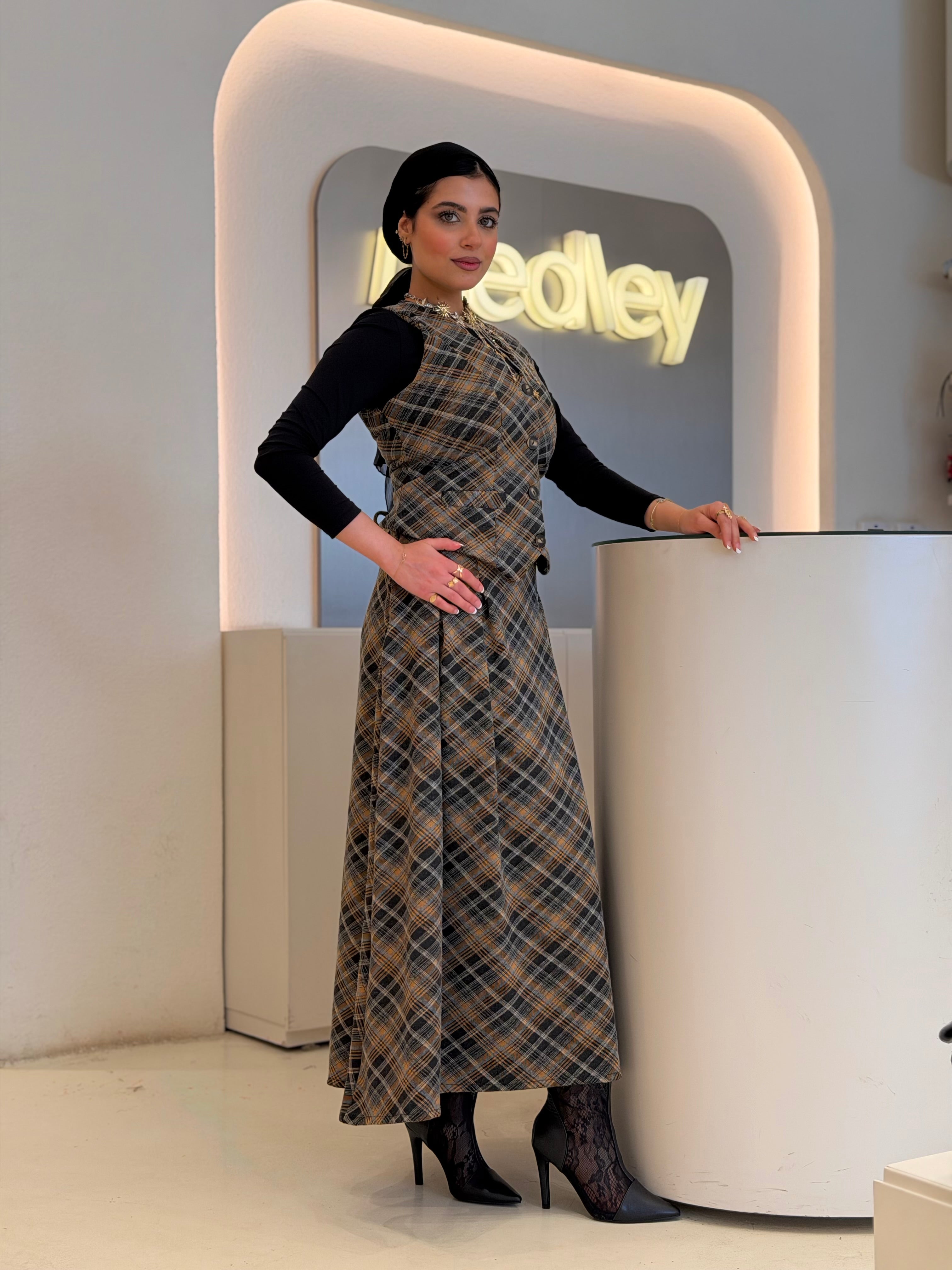 Vintage Plaid Midi Skirt ( honey comb )