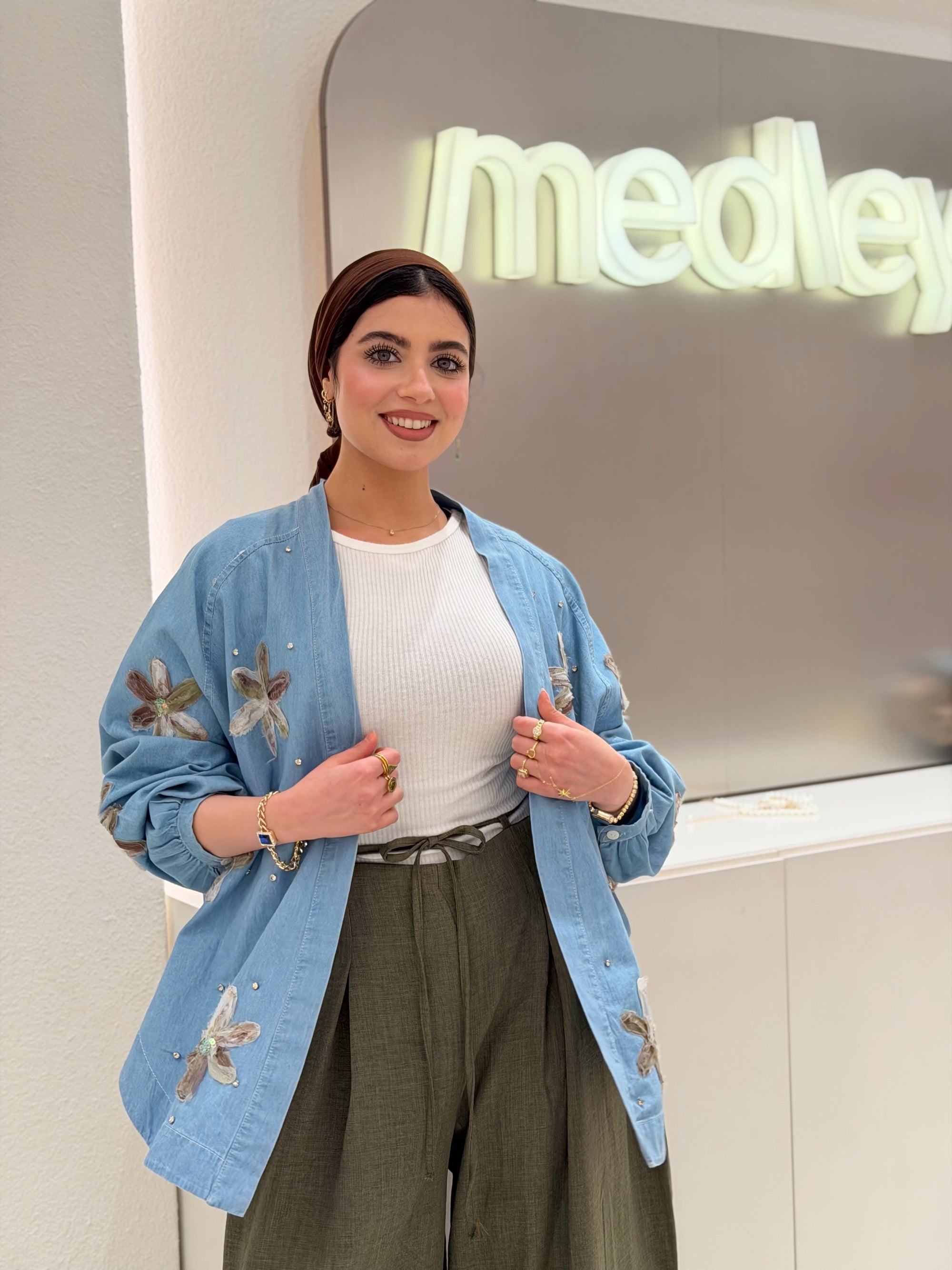 Floral & Crystal Denim Cardigan