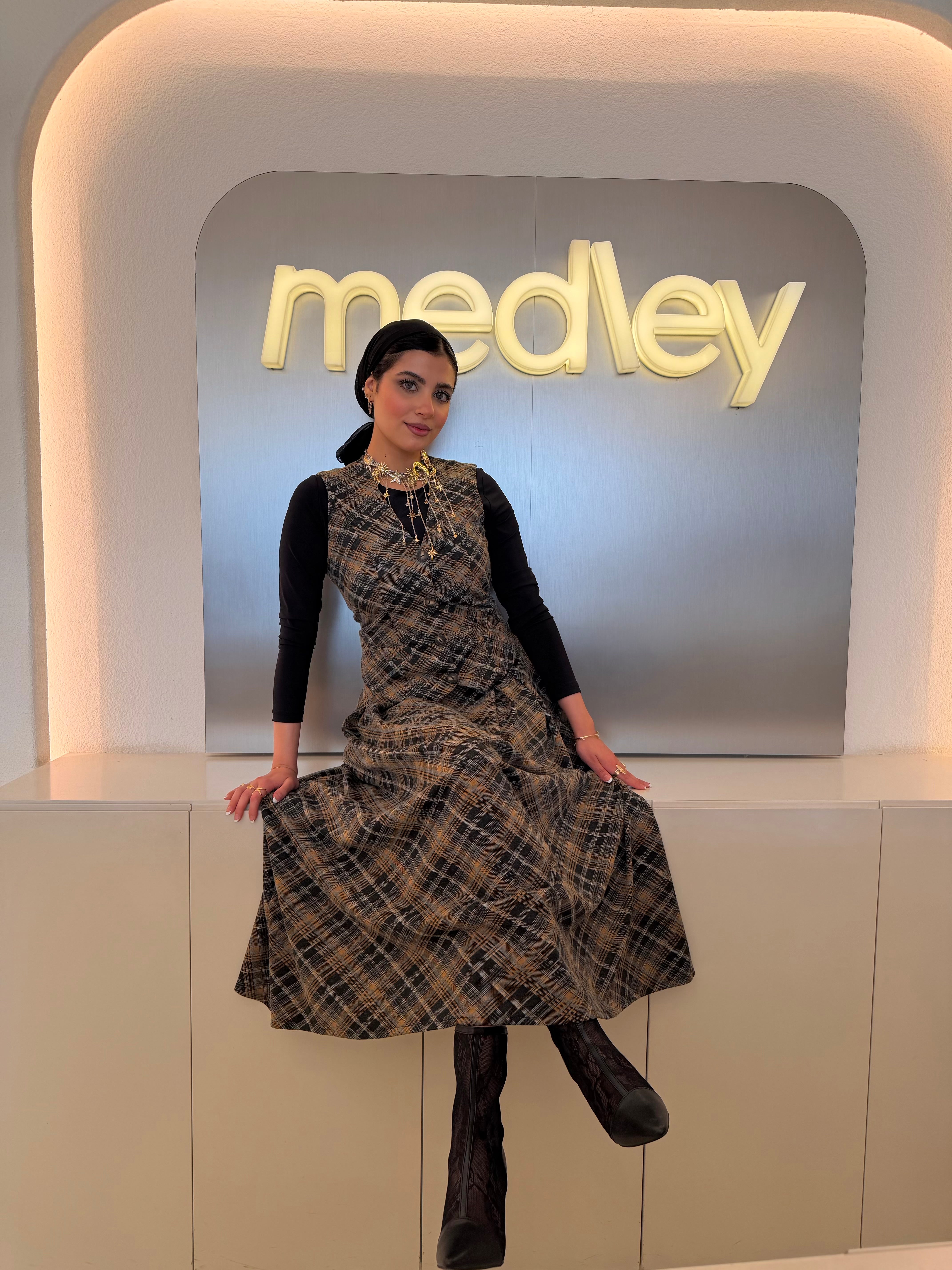 Vintage Plaid Midi Skirt ( honey comb )