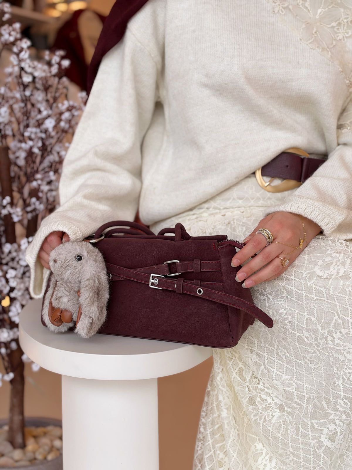 Bunny Suede Bag in black cherry with bunny charm by Medley Fashion