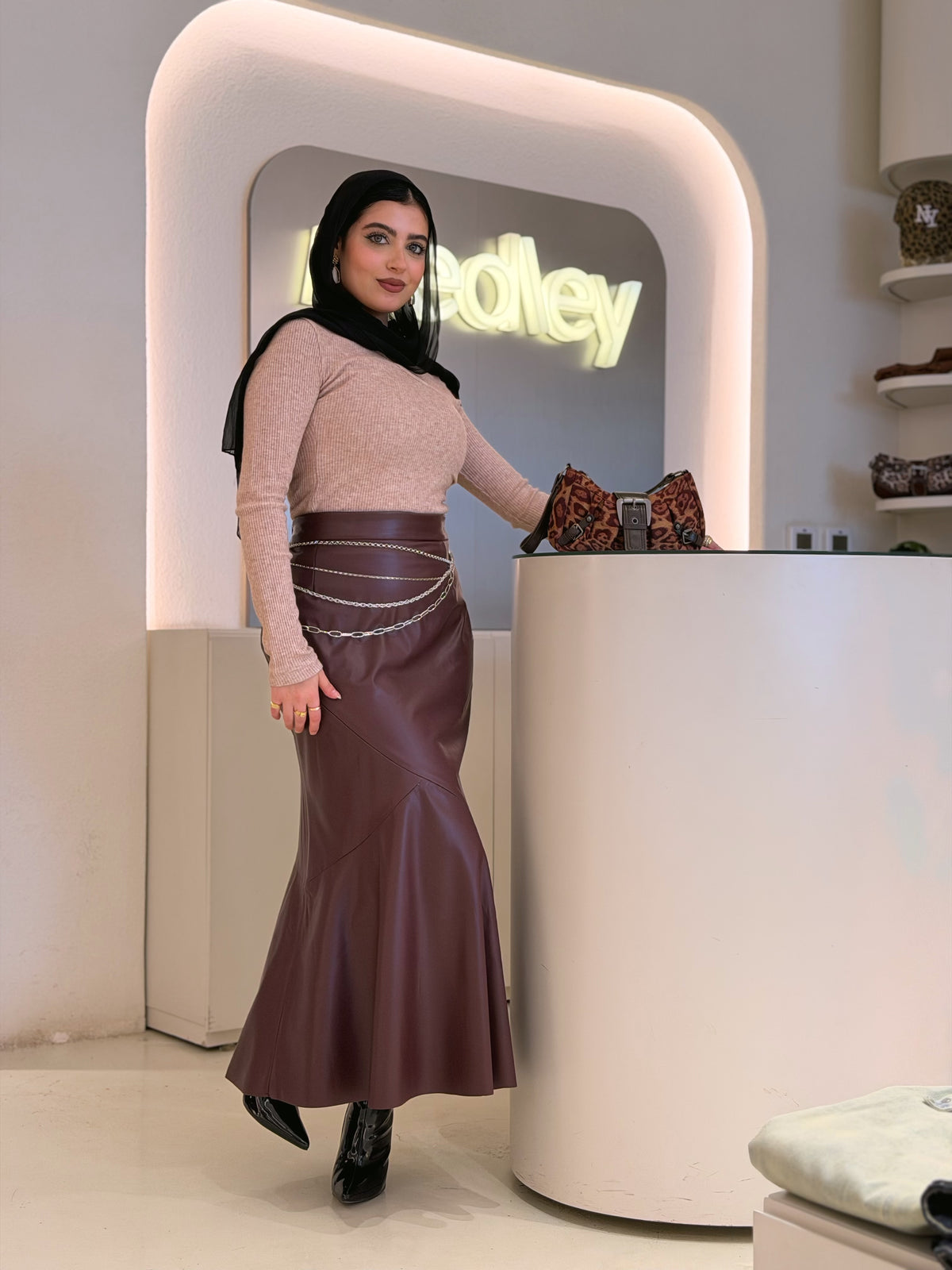 Mermaid Leather Midi Skirt (Wine )