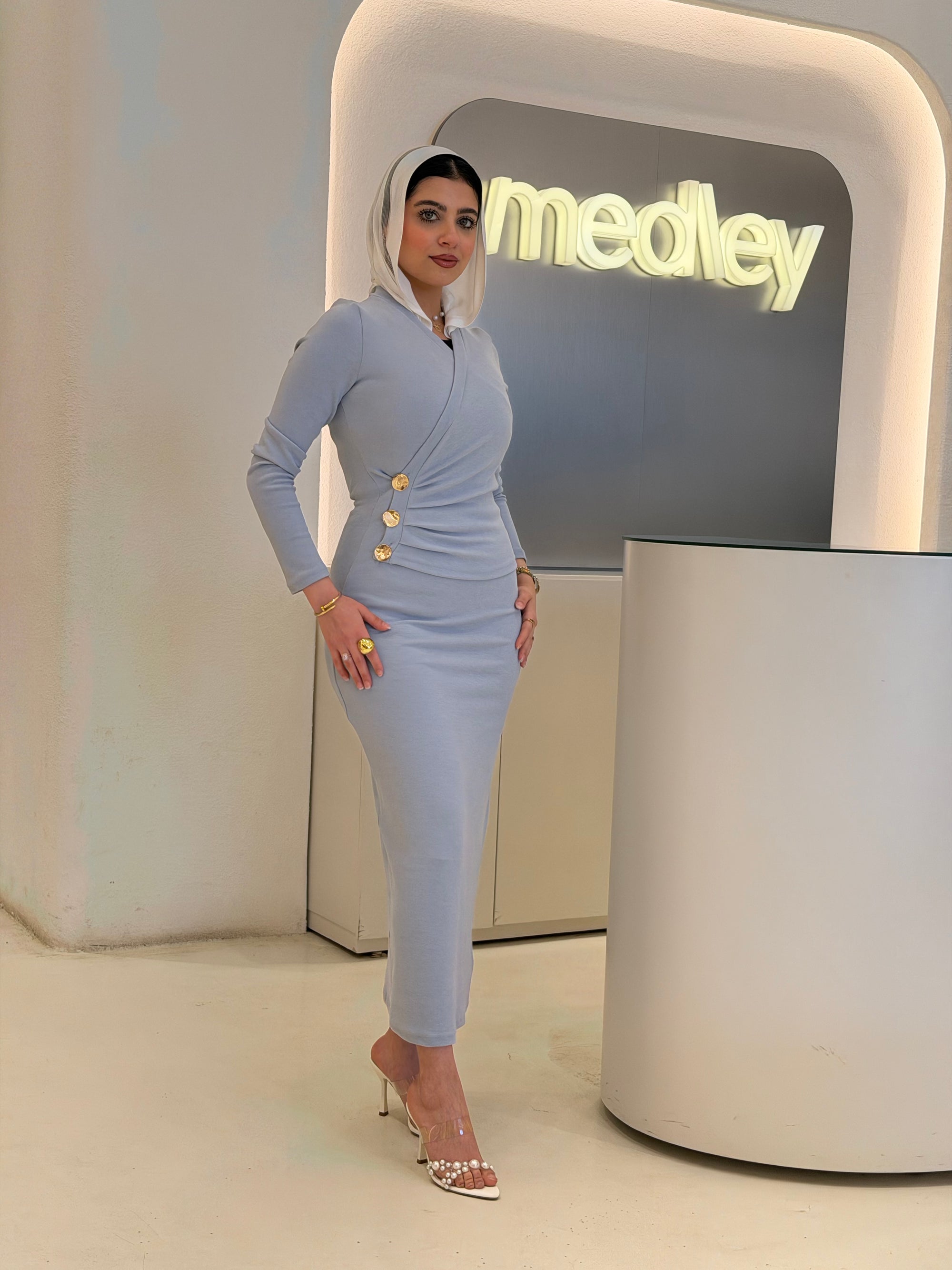 Golden buttons slim fit dress ( Cinderella Blue )