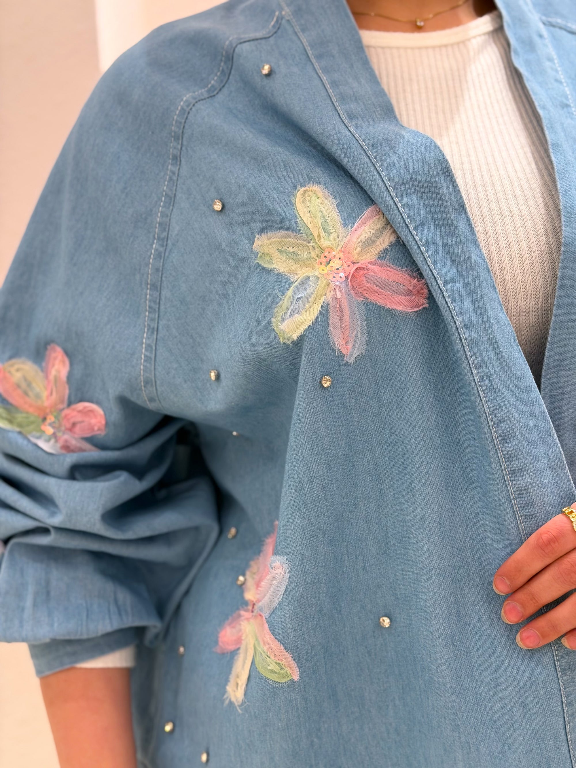 Floral & Crystal Denim Cardigan
