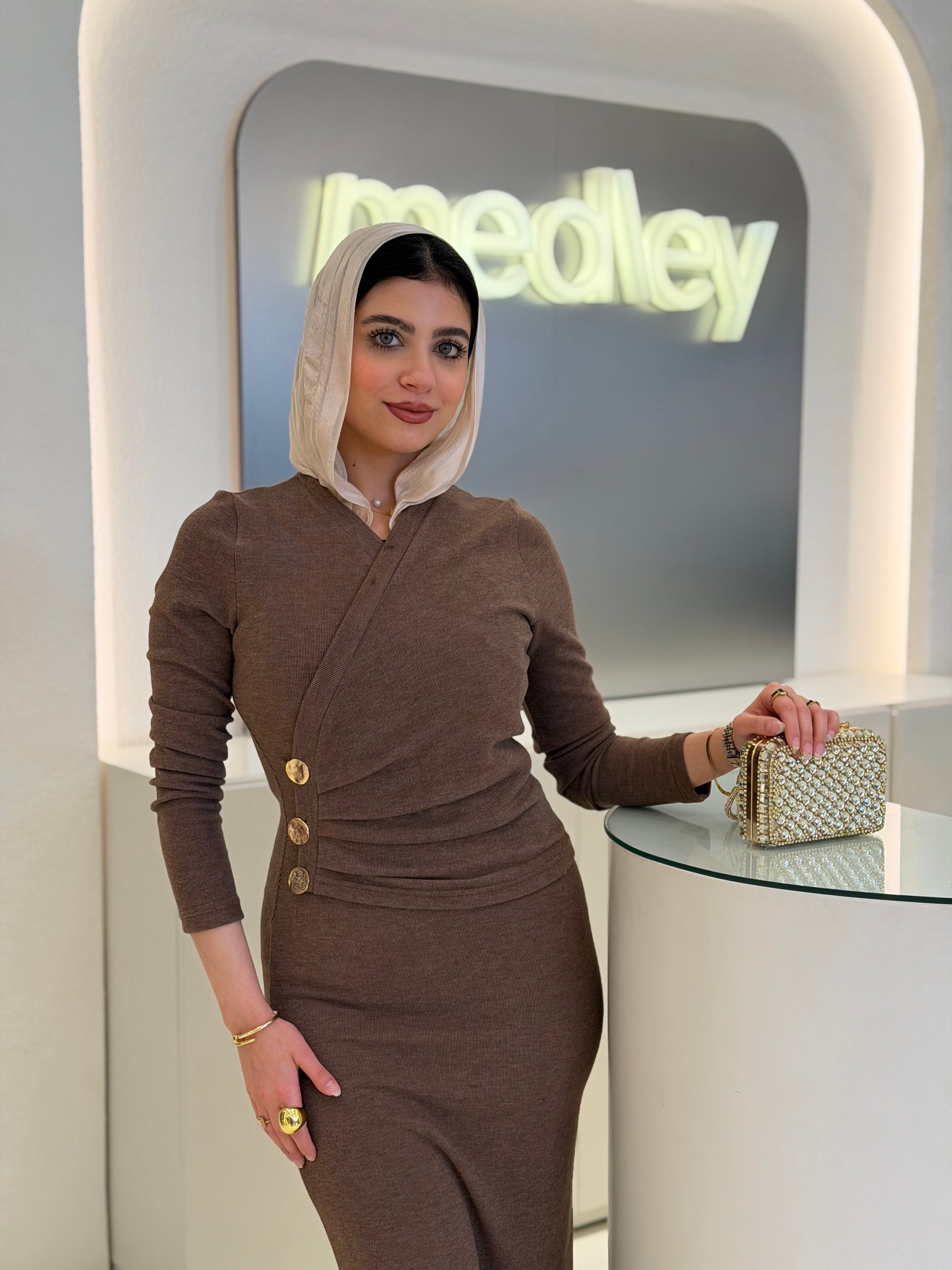 Golden buttons slim fit dress ( brown)