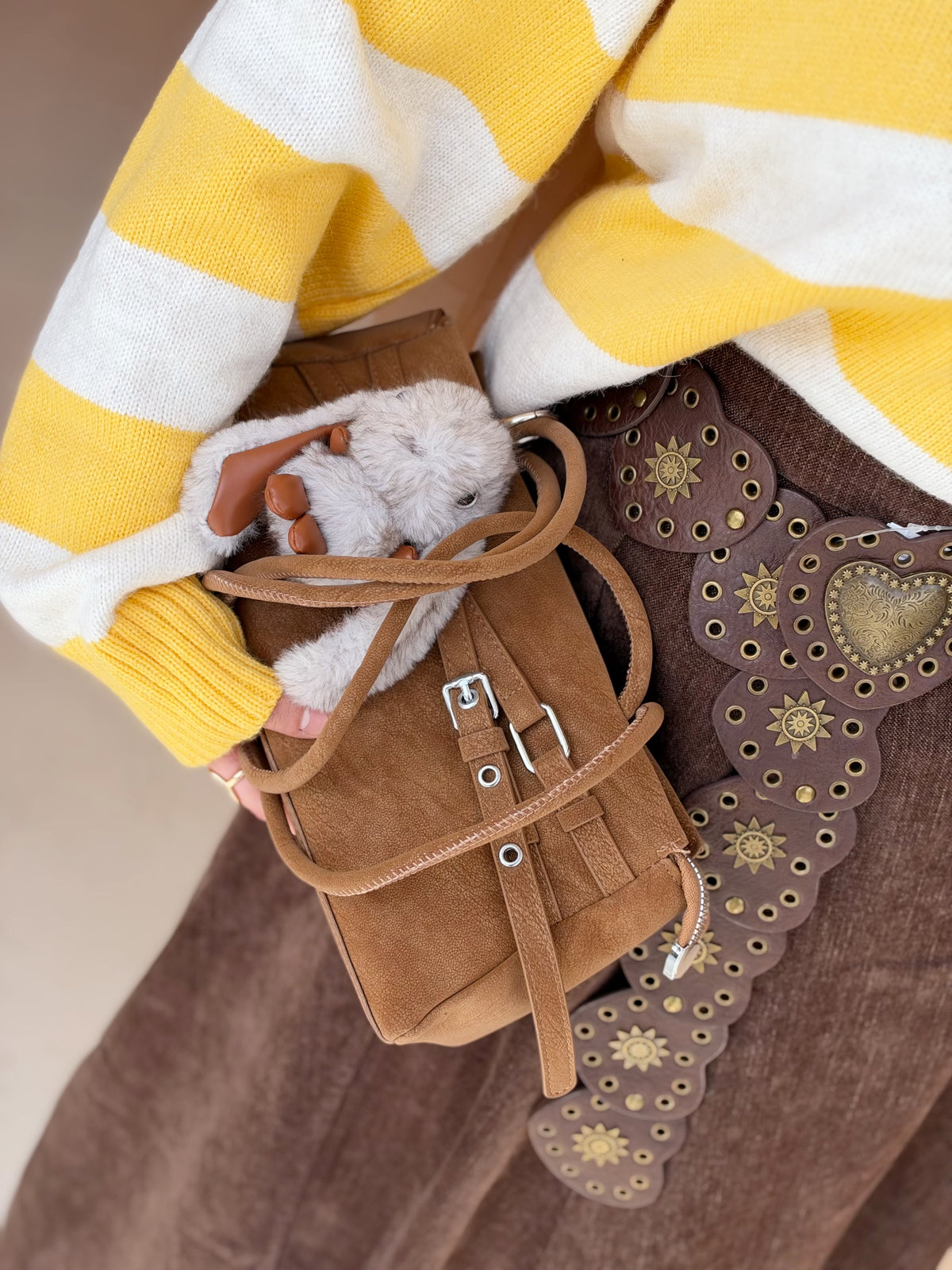 Bunny Suede Bag in havana tan with bunny charm by Medley Fashion, photo 1