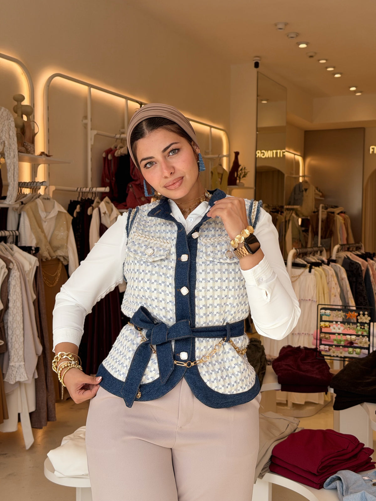 Tweed & Denim Belted Vest