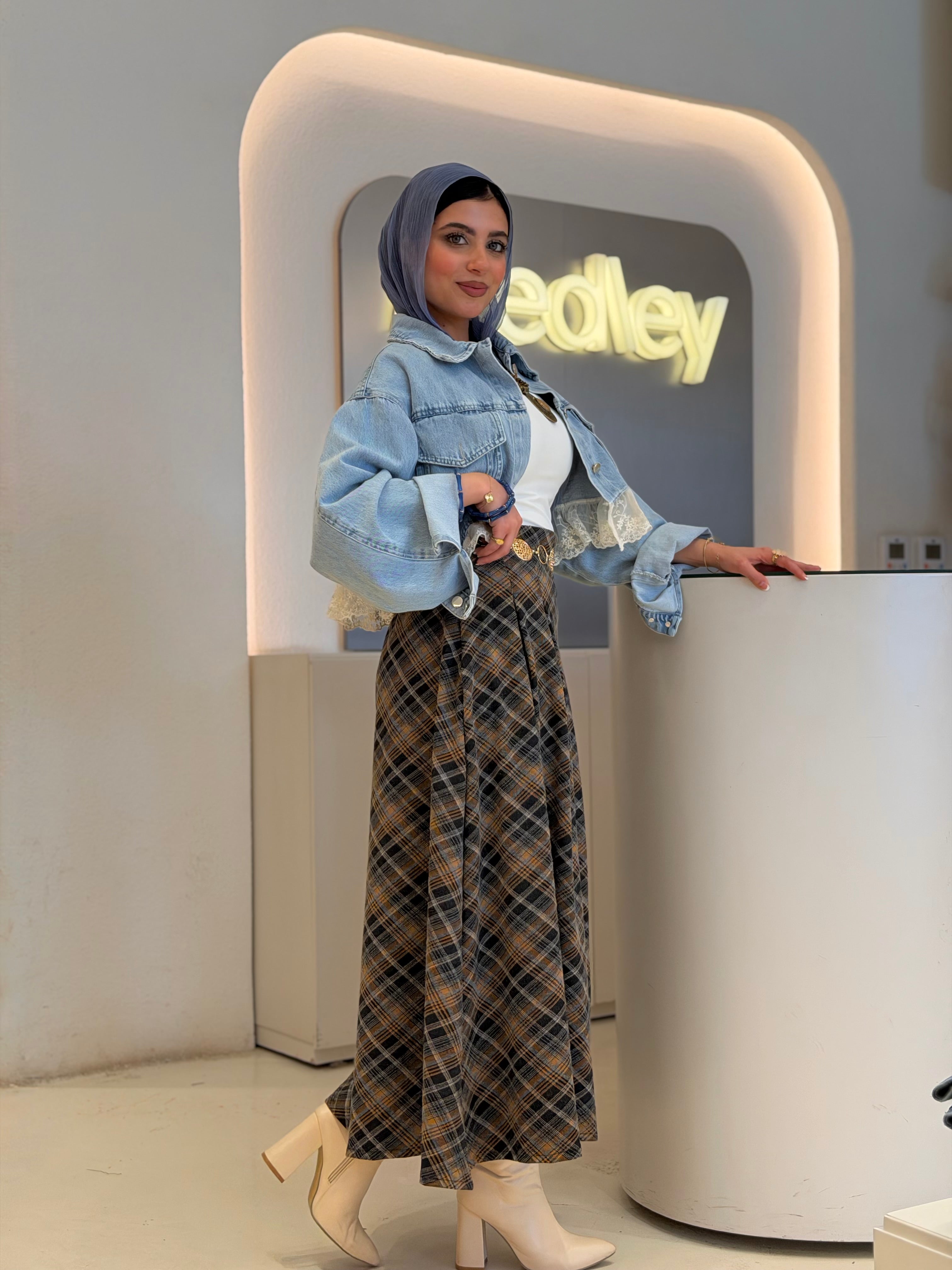 Vintage Plaid Midi Skirt ( honey comb )