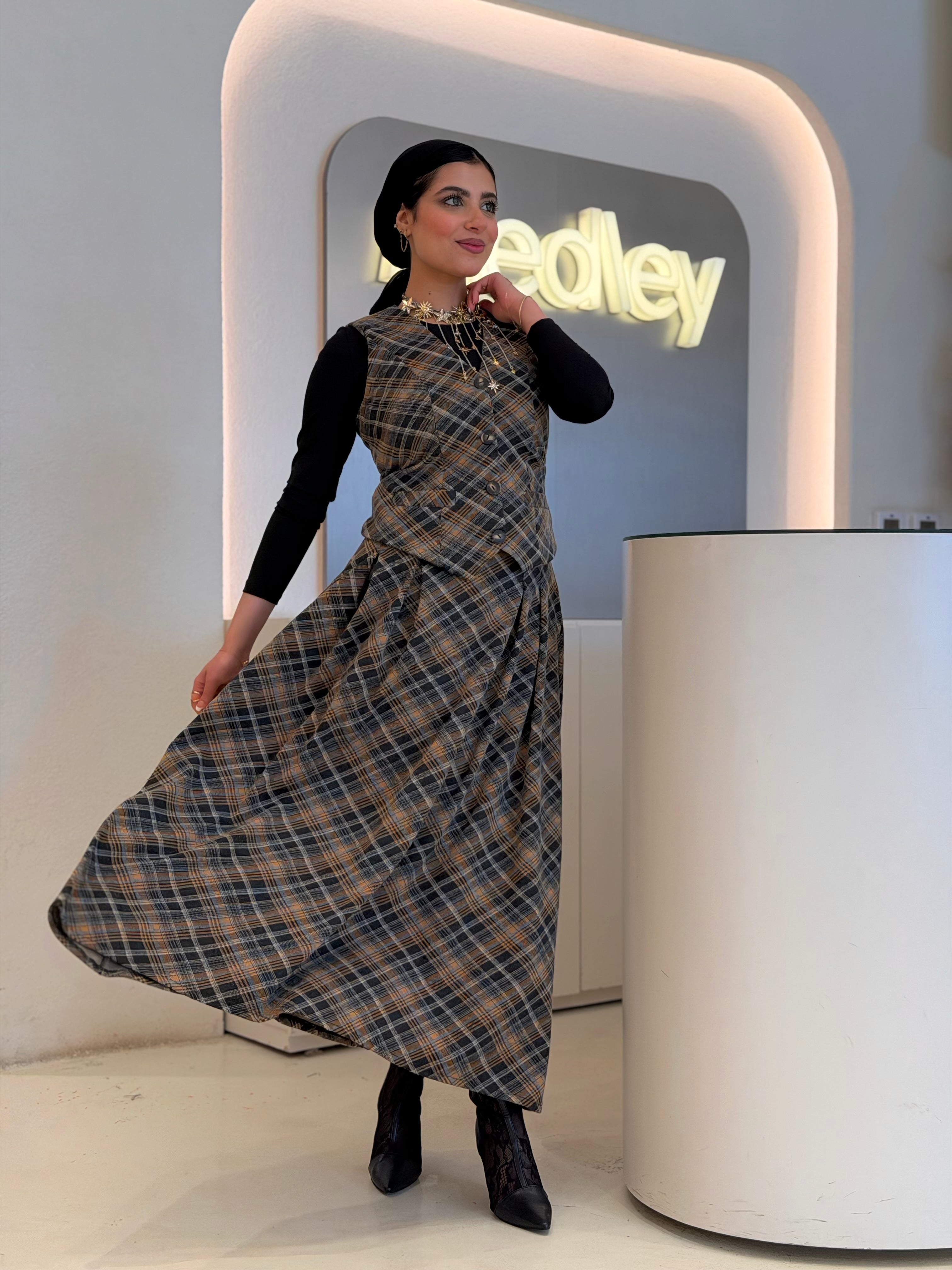 Vintage Plaid Midi Skirt ( honey comb )