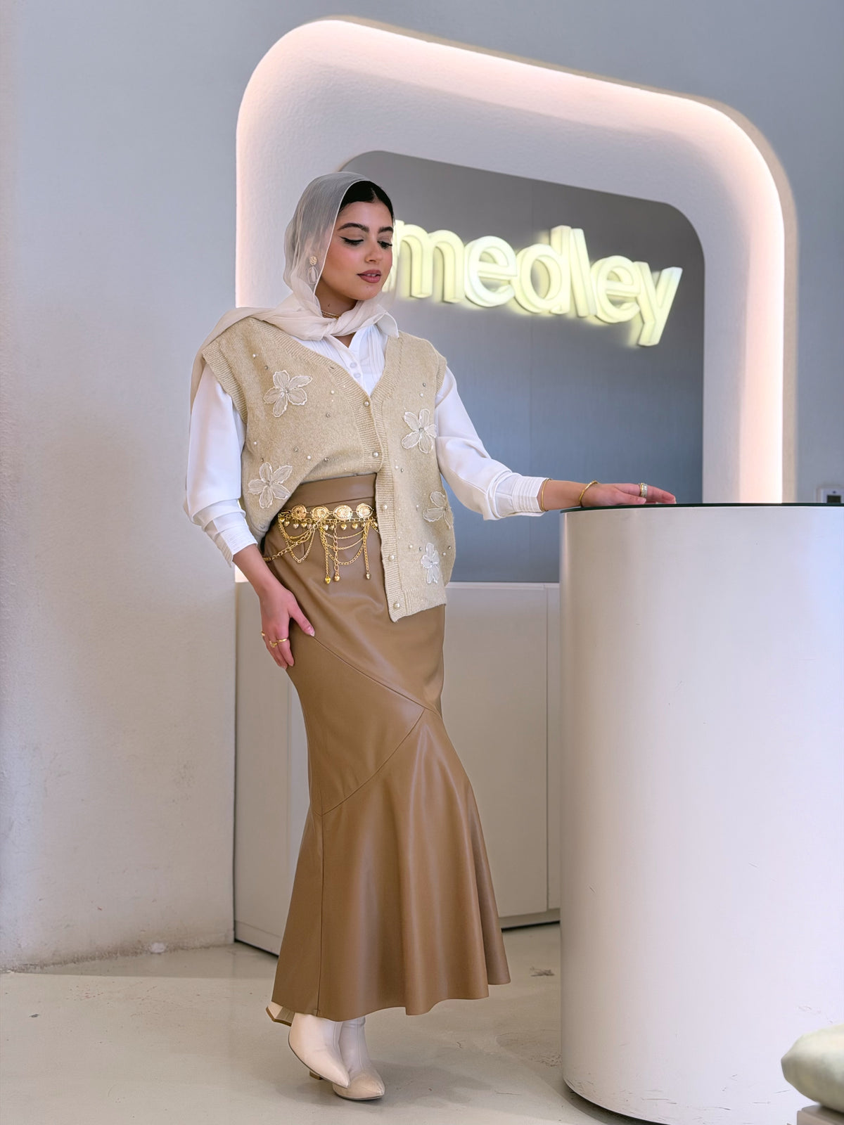Mermaid Leather Midi Skirt ( Caramel )