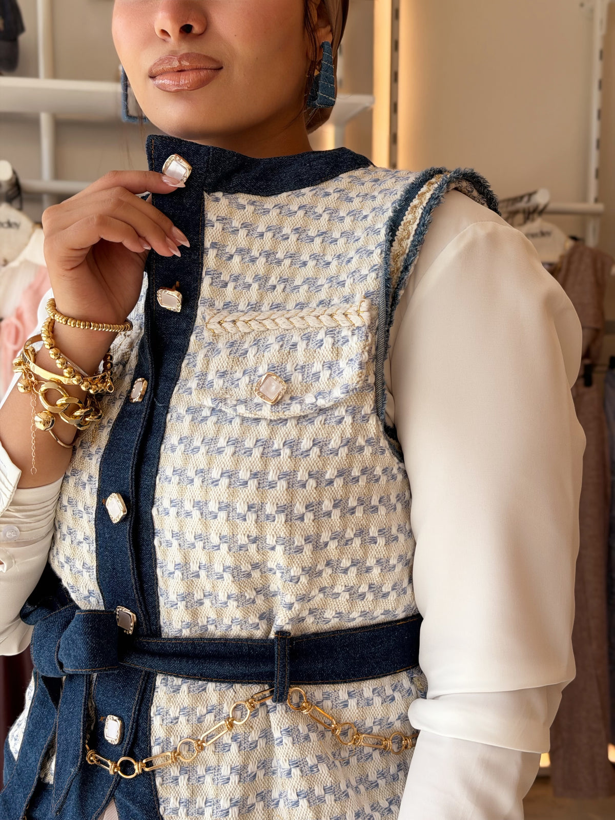 Tweed & Denim Belted Vest