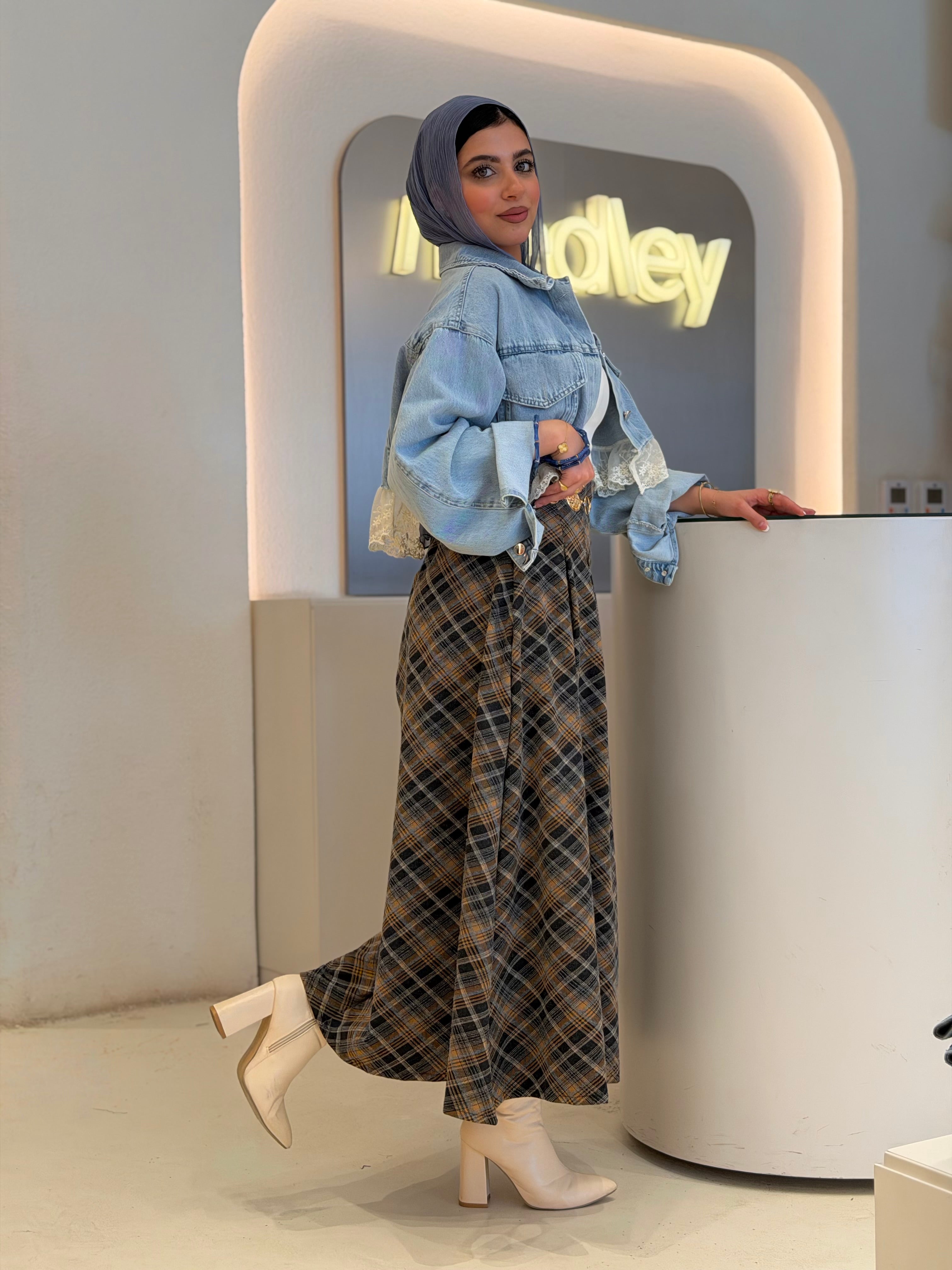 Vintage Plaid Midi Skirt ( honey comb )