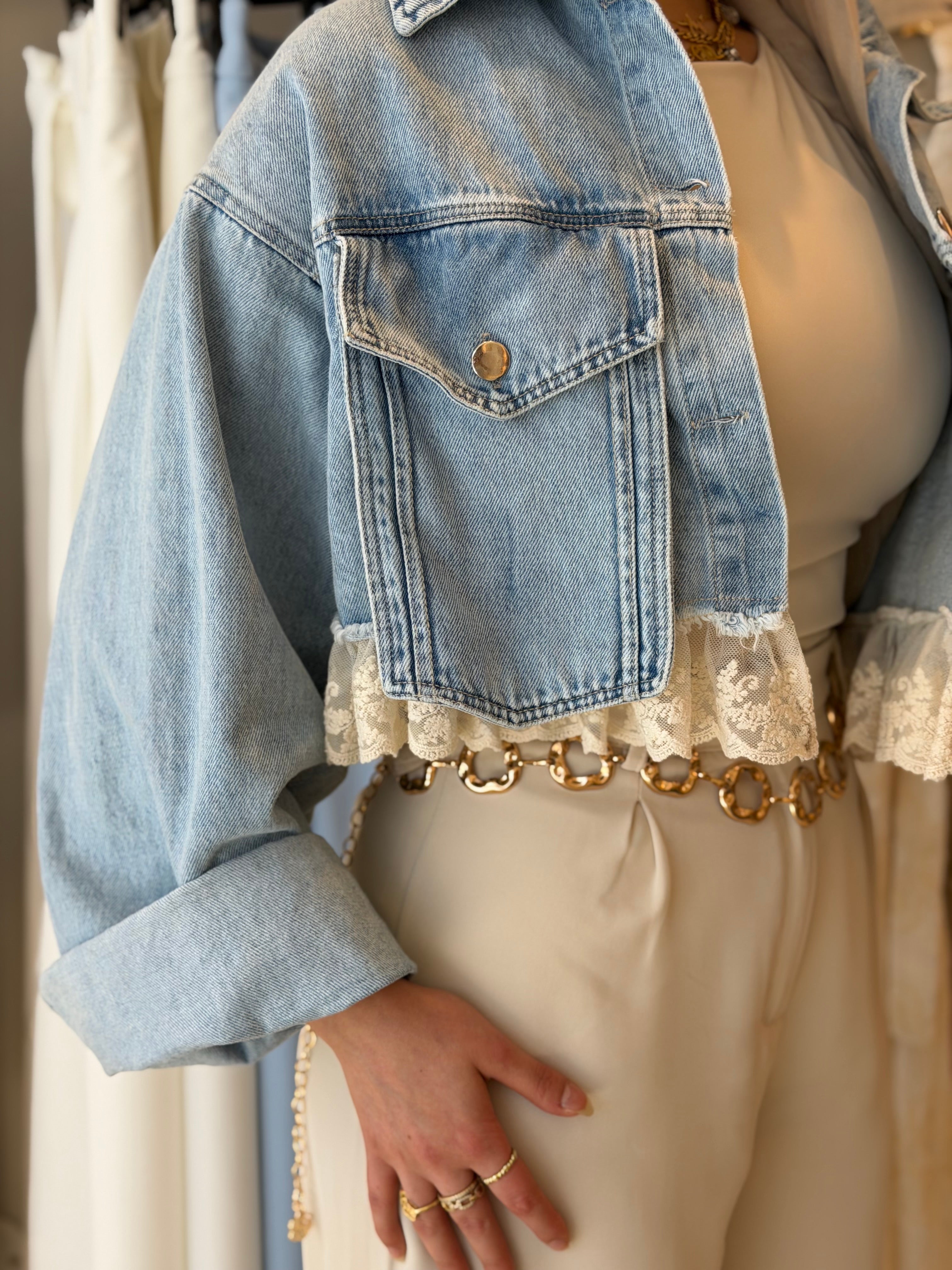 Cropped Lace Trim Denim Jacket